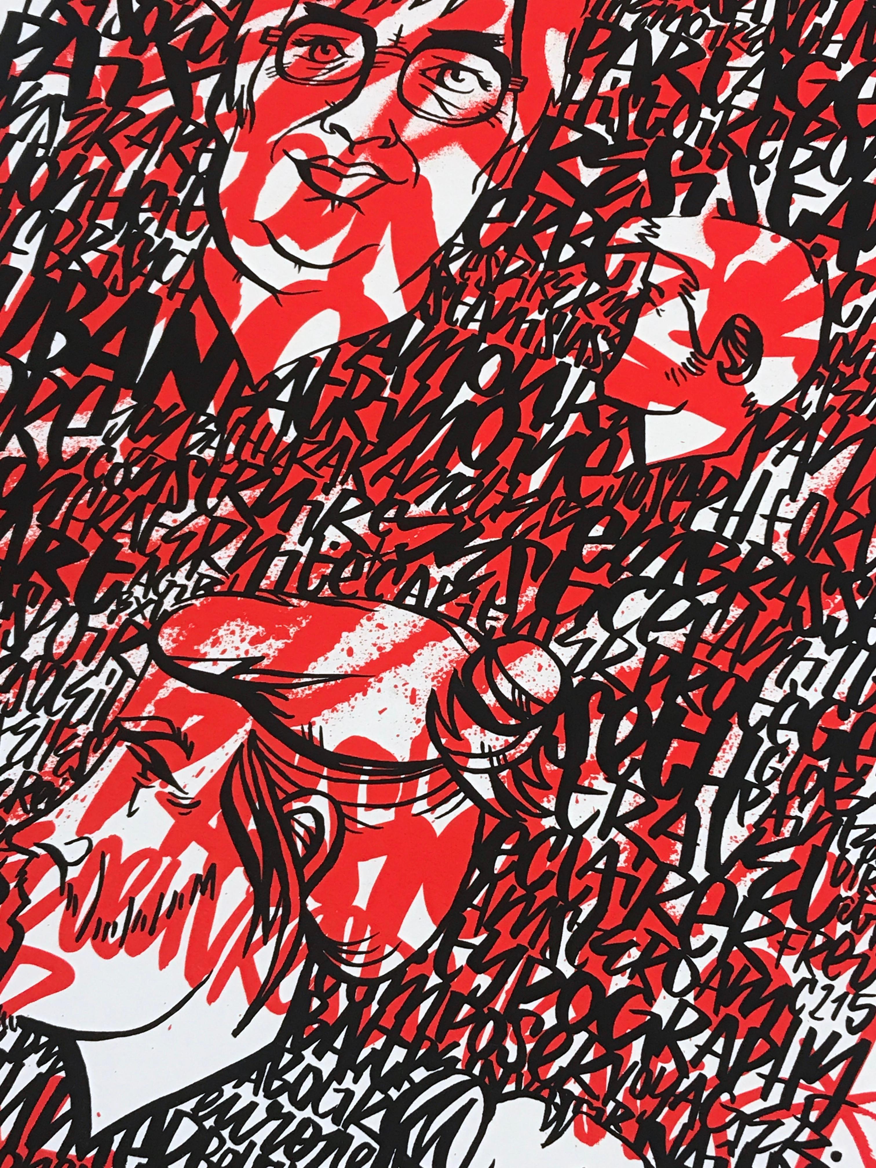 IMAGINER - Une impression de Denis Meyers avec des textes superposés en noir et rouge. en vente 6