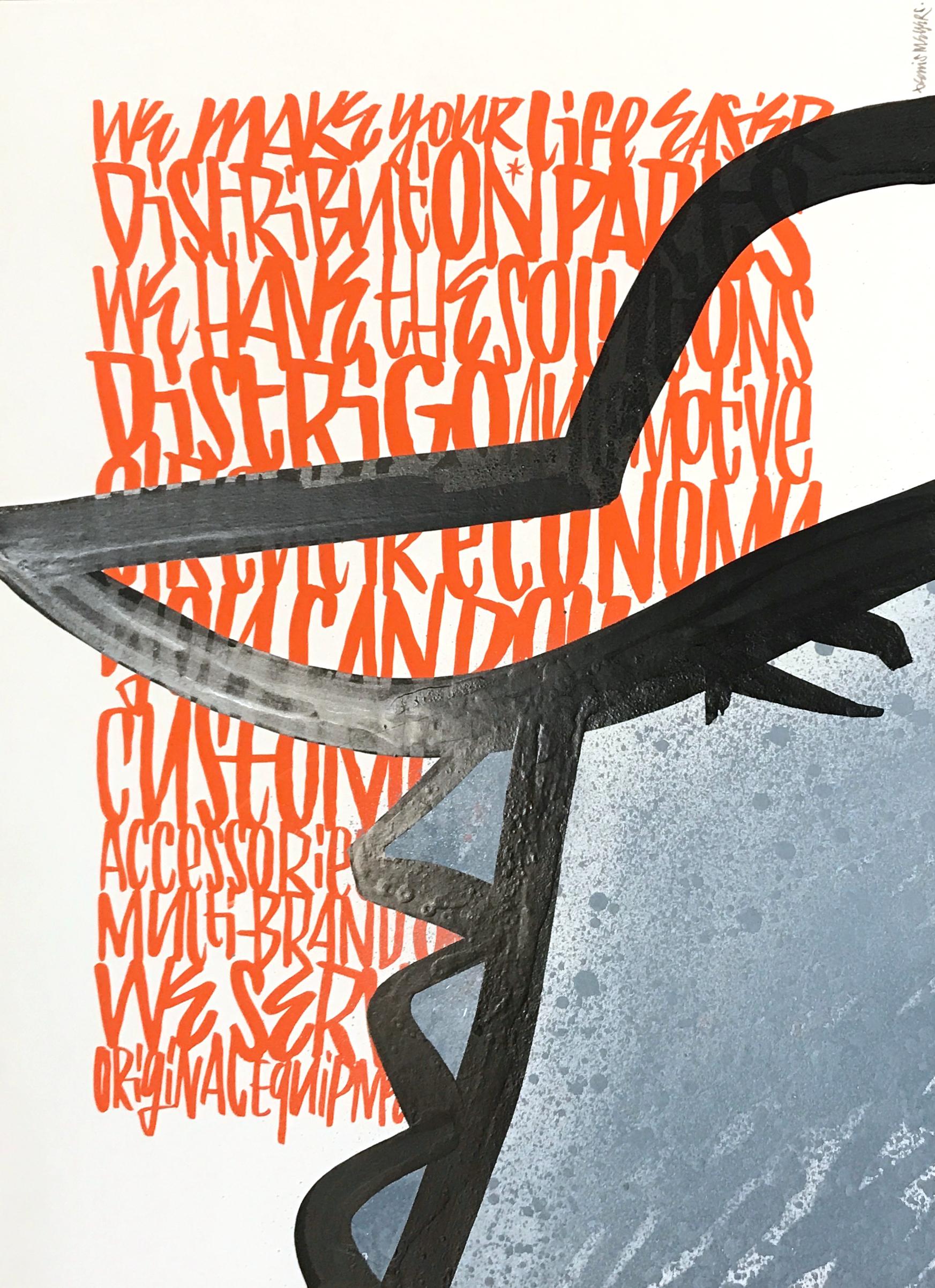 Ein einzigartiger Druck nach einer Originalzeichnung von Denis Meyers - Künstlerabzug aus einer Auflage. Der Druck auf Papier zeigt einige von Denis Meyers "Word Patterns" mit abstrakter Farbe, die eine seiner Figuren darstellt.
Wird flach geliefert