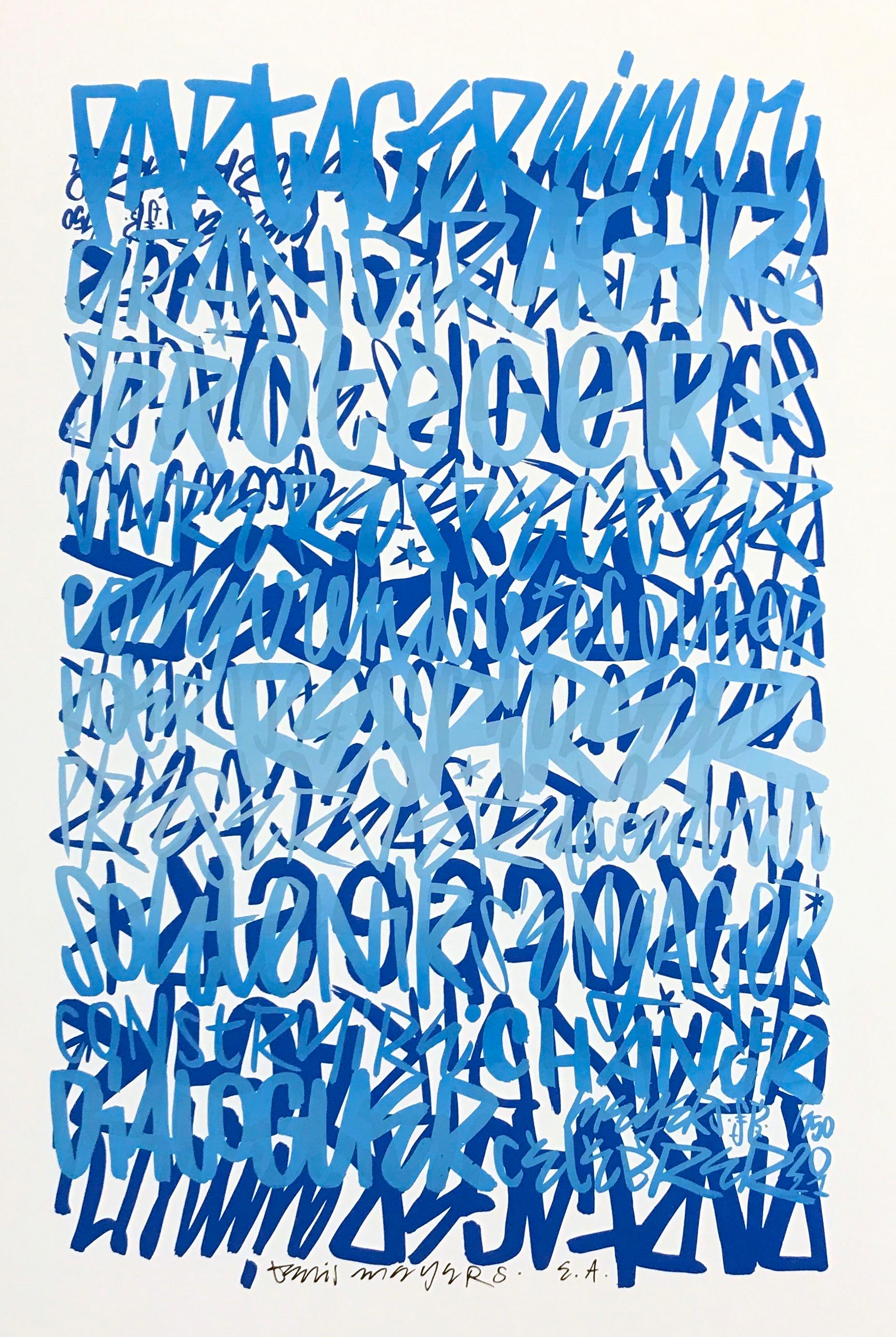 Une impression d'un dessin original de Denis Meyers - Épreuve d'artiste d'une édition. L'impression sur papier présente certains des "Word Patterns" de Denis Meyers, imprimés les uns sur les autres à l'encre bleue. Expédition à plat et possibilité