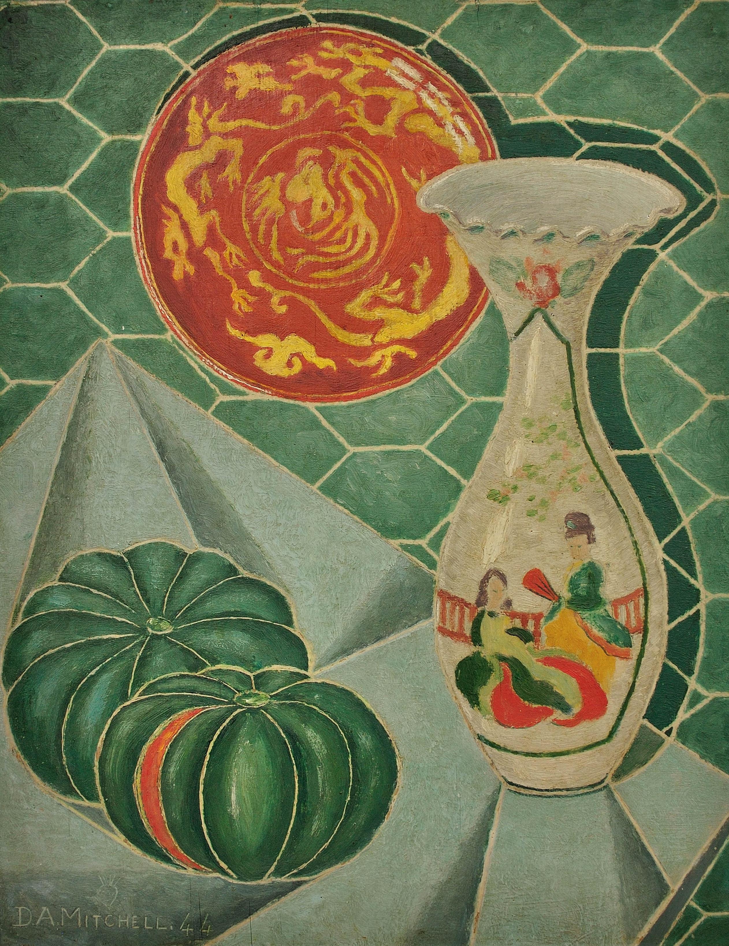 Still Life of Gourds with Japanese Celadon Vase & Dragon Decorated Plate, 1944.  - Painting by Denis Mitchell