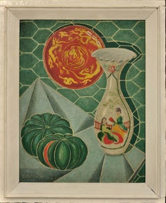 Vintage Still Life of Gourds with Japanese Celadon Vase & Dragon Decorated Plate, 1944. 