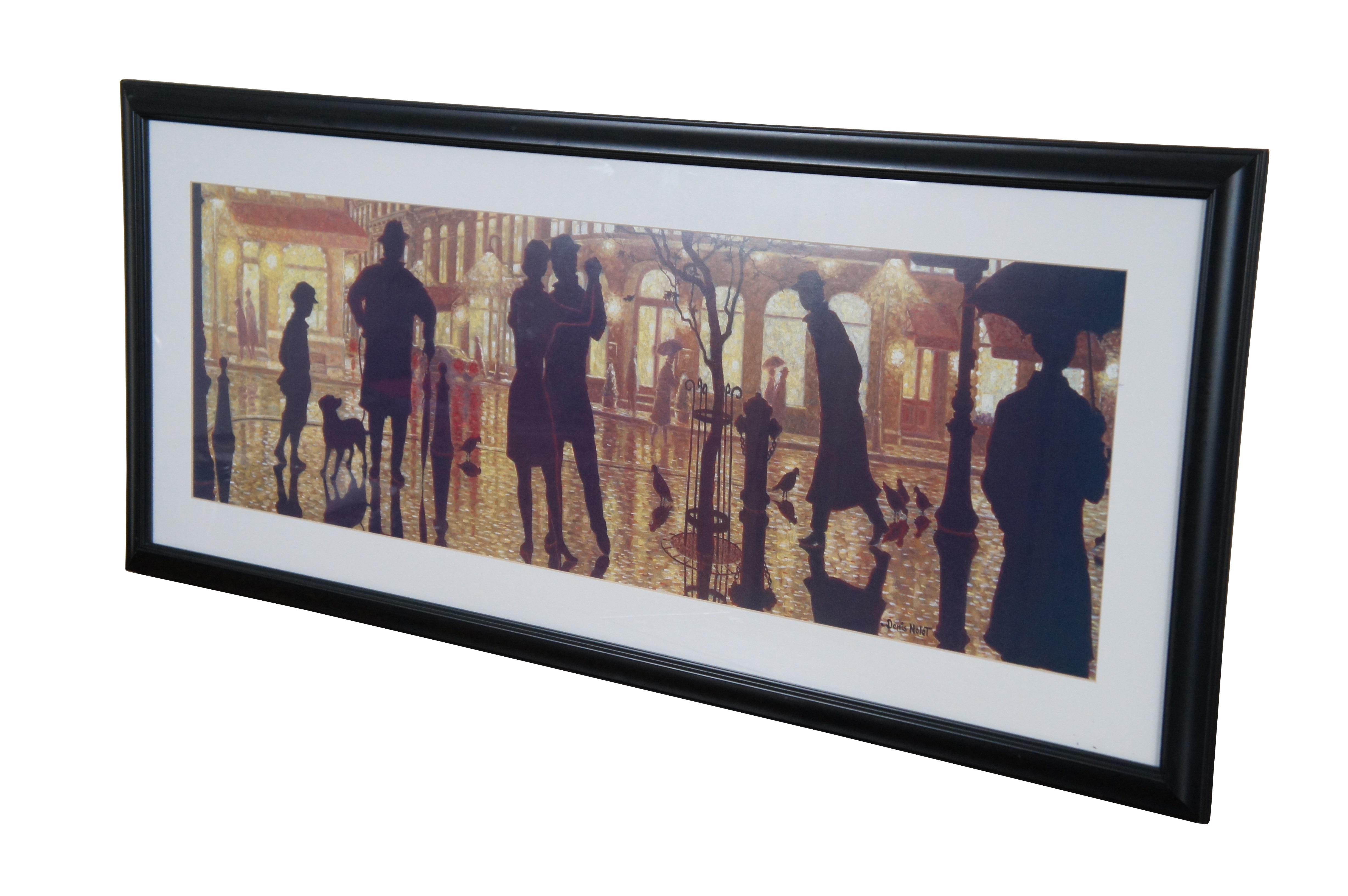 Framed art print of  “Les Premiers Pas” (The First Steps) by Denis Nolet, showing an evening street scene of figures walking and dancing in the rain, silhouetted against golden street lamps.

“Denis Nolet (Born 1964) is active/lives in Canada. Denis