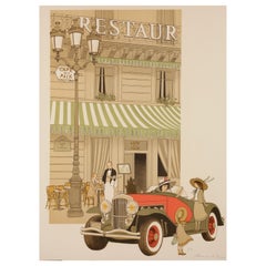 Denis Paul Noyer, Estampe de voiture classique, Cafe De La Paix Paris, restaurant, 1979