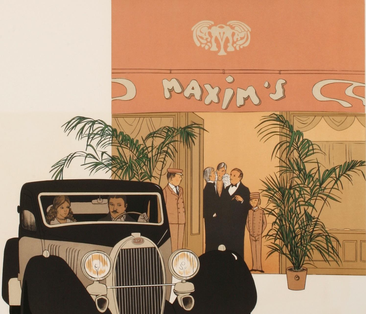 Original vintage poster-Noyer Denis-Paul-Maxim's-Restaurant-Paris, c.1979

The artist immerses us into the Paris of the 20s. A car is parked in front of Maxim's, famous restaurant of the rue Royale, in the district of the Madeleine, Paris.
The