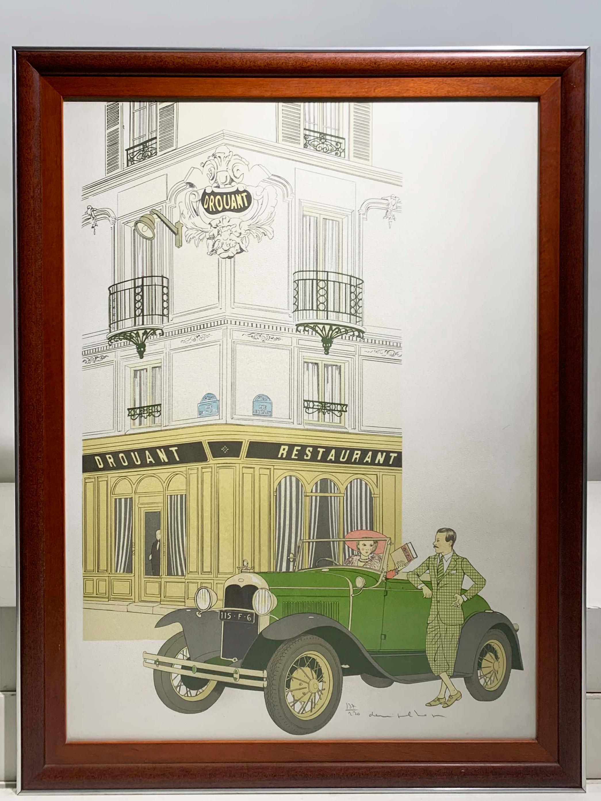This vintage Denis Paul Noyer Lithogram , is part of a series of images Denis Paul Noyer created that feature famous restaurants and vintage luxury cars. This print depicts a classic car in front of Restaurant Drouant, a historic restaurant in