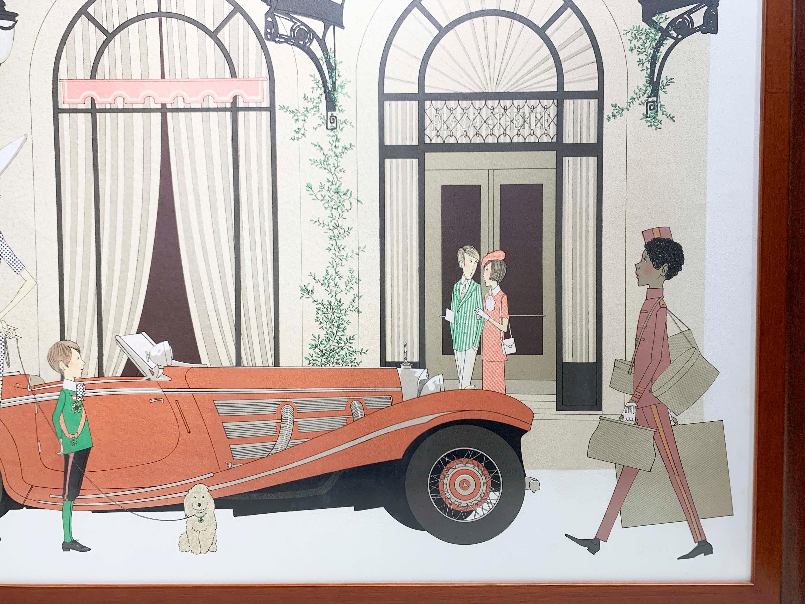 French Denis Paul Noyer Lithograph, Mercedes Roadster 540k & Plaza Athenée , Signed For Sale