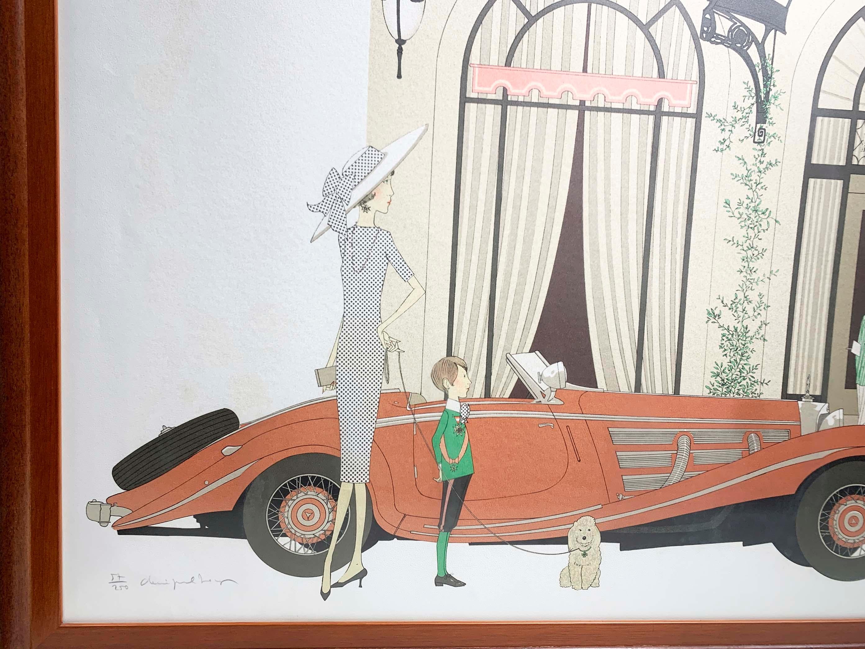 Denis Paul Noyer Lithograph, Mercedes Roadster 540k & Plaza Athenée , Signed In Good Condition For Sale In Beirut, LB