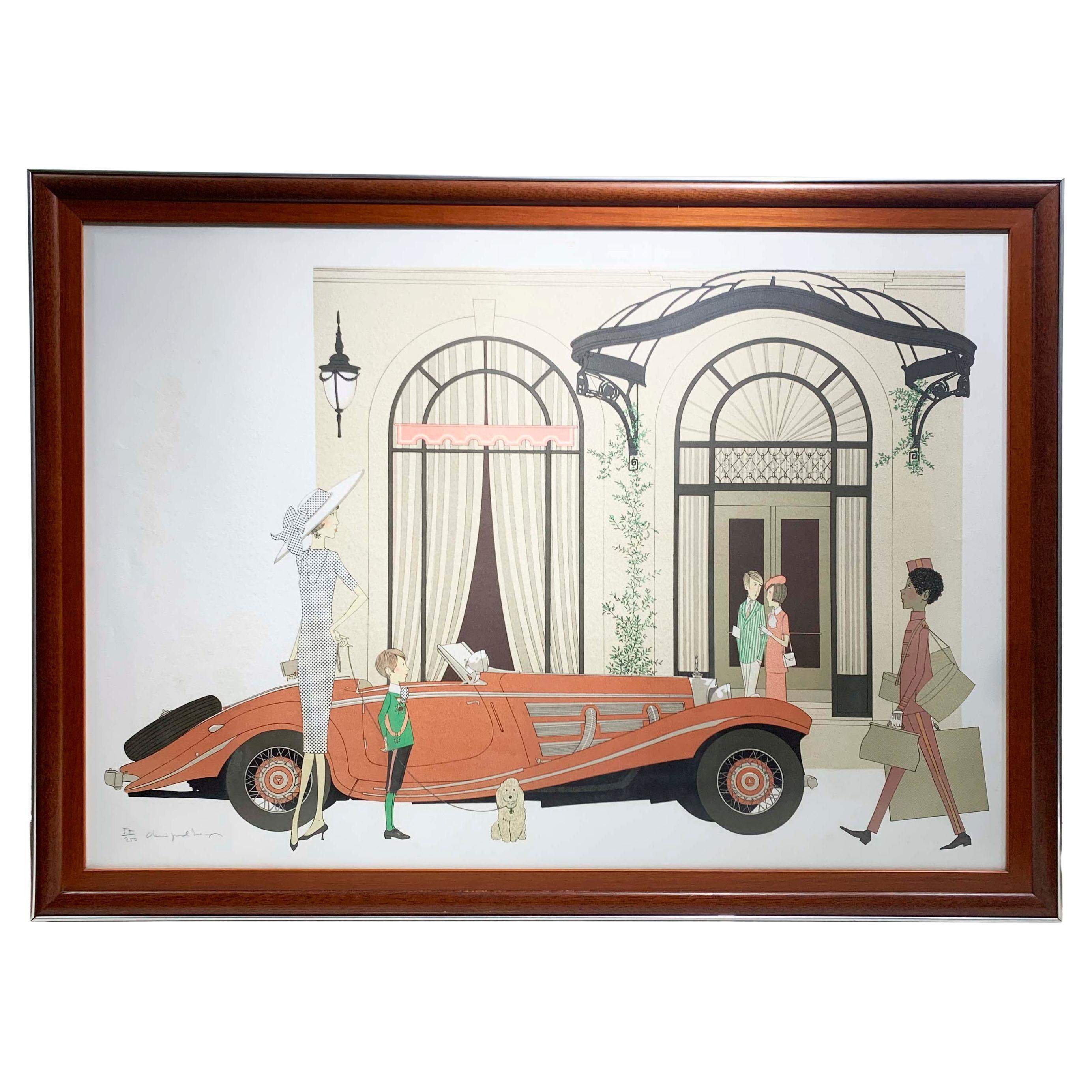 Litografia di Denis Paul Noyer, Mercedes Roadster 540k & Plaza Athenée , Firmata