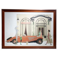 Denis Paul Noyer Lithographie, Mercedes Roadster 540k & Plaza Athenée , Signiert