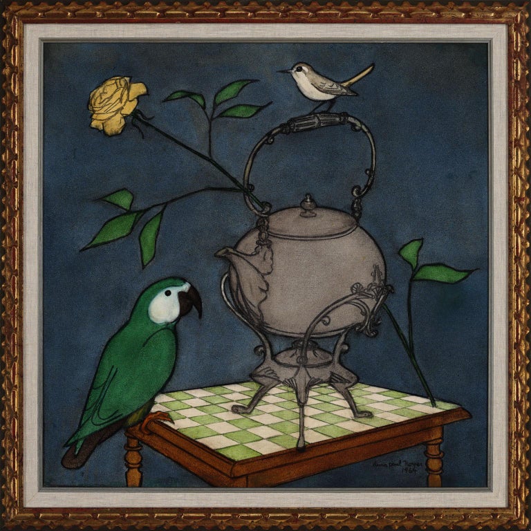"Le Peroquet et le Samovar" (Parrot and the Samovar), an original oil on canvas by Denis Paul Noyer, is a piece for the true collector. Noyer's use of grayish blues immediately captures the viewer, which serves as the backdrop for a satirical still