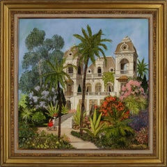 Pittura architettonica a olio su tela "Les Vacances" di Denis Paul Noyer, incorniciata