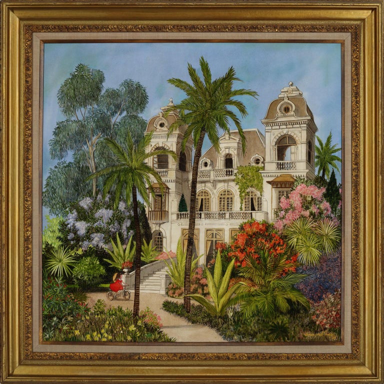 "Les Vacances" (Vacations), an original oil on canvas by Denis Paul Noyer, is a piece for the true collector. Noyer's use of greens, blues, and oranges immediately captures the viewer, which serves as the backdrop for a beautiful architectural scene
