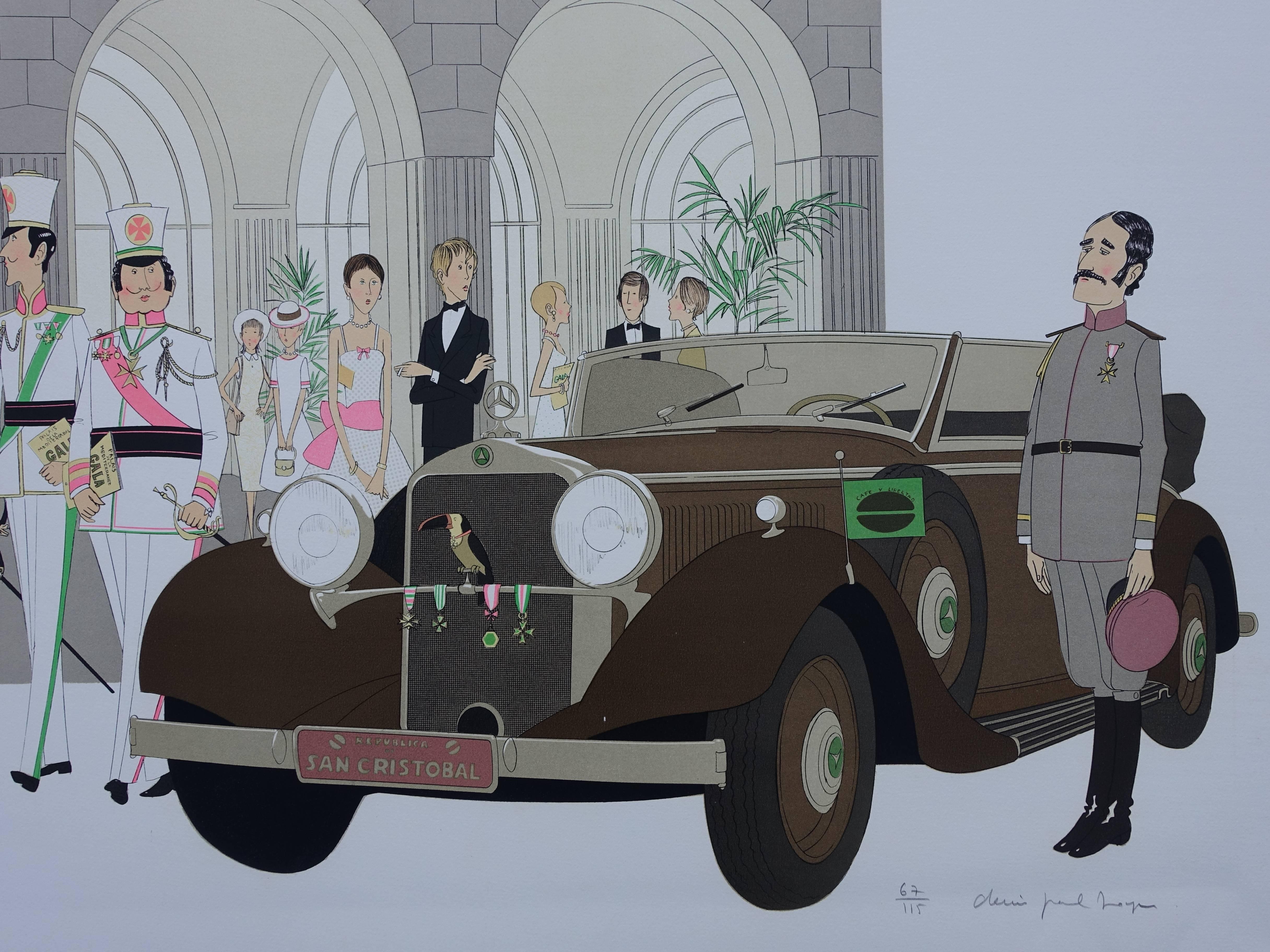 Hotel: Mercedes Cabriolet T290 & Palais Mediterranee - Signed lithograph - 115ex - Gray Figurative Print by Denis Paul Noyer