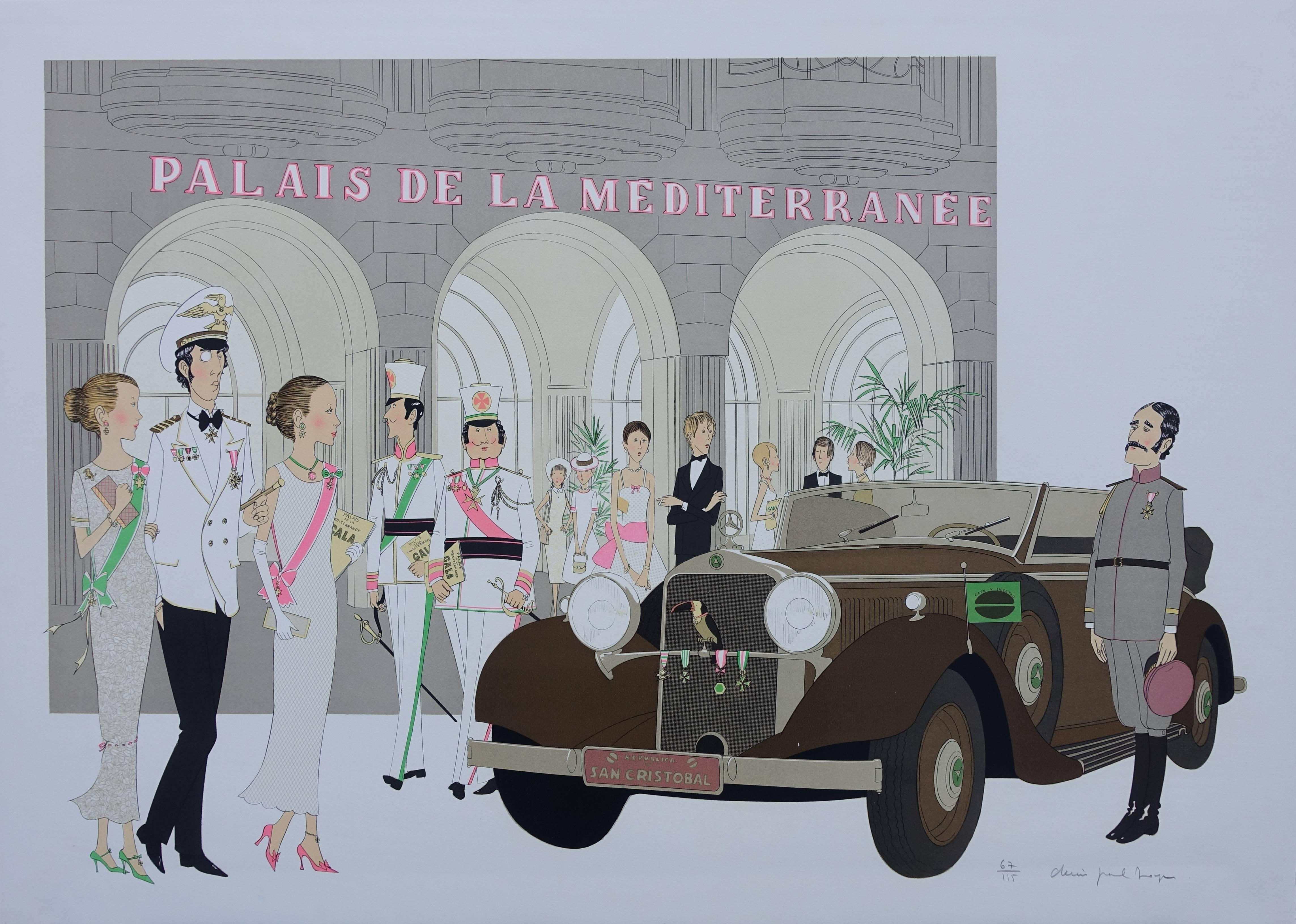 Denis Paul Noyer Figurative Print - Hotel: Mercedes Cabriolet T290 & Palais Mediterranee - Signed lithograph - 115ex