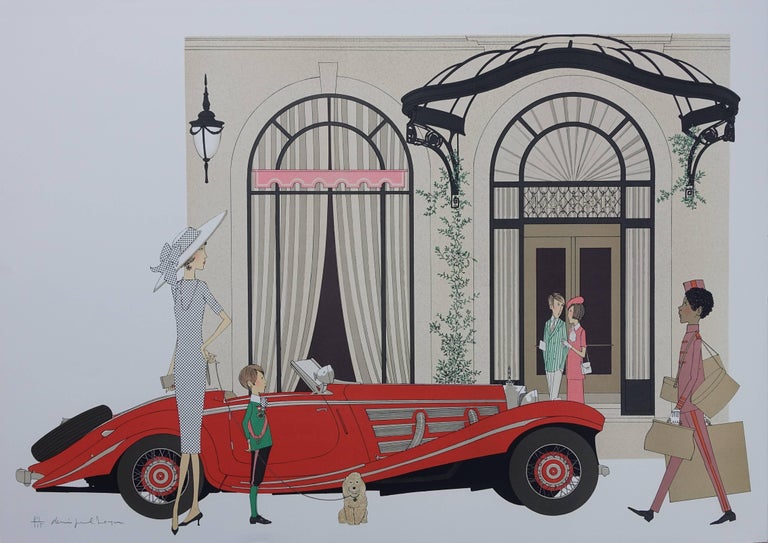 Denis Paul Noyer Figurative Print - Hotel : Mercedes Roadster 540K & Plaza Athenee (Paris) - Signed lithograph