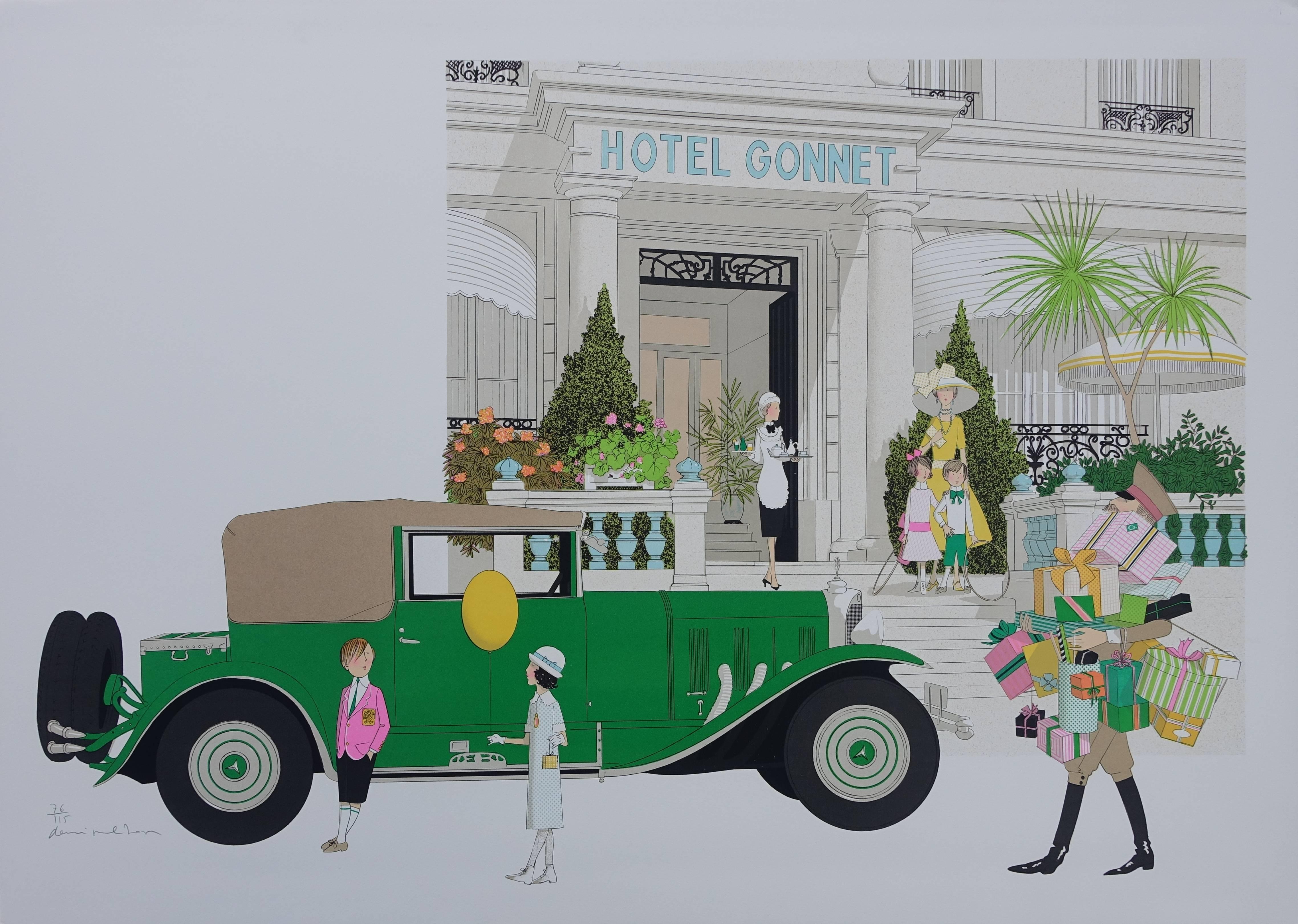 Denis Paul Noyer Figurative Print - Mercedes 370 and Hotel Gonnet - Signed lithograph - 115ex