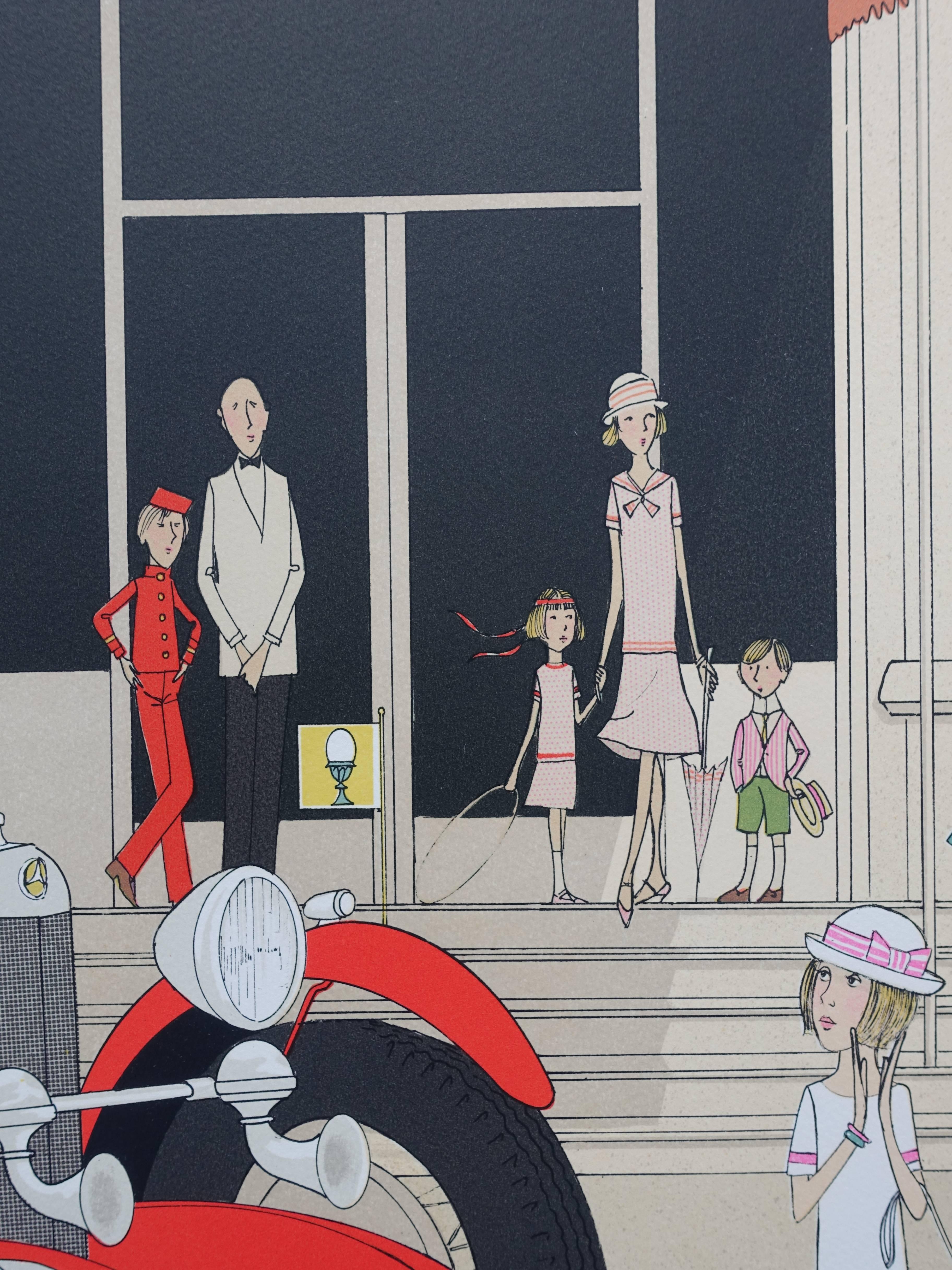 Mercedes 710 - Cabourg Grand Hotel - Original handsigned lithograph - 115ex - Art Deco Print by Denis Paul Noyer