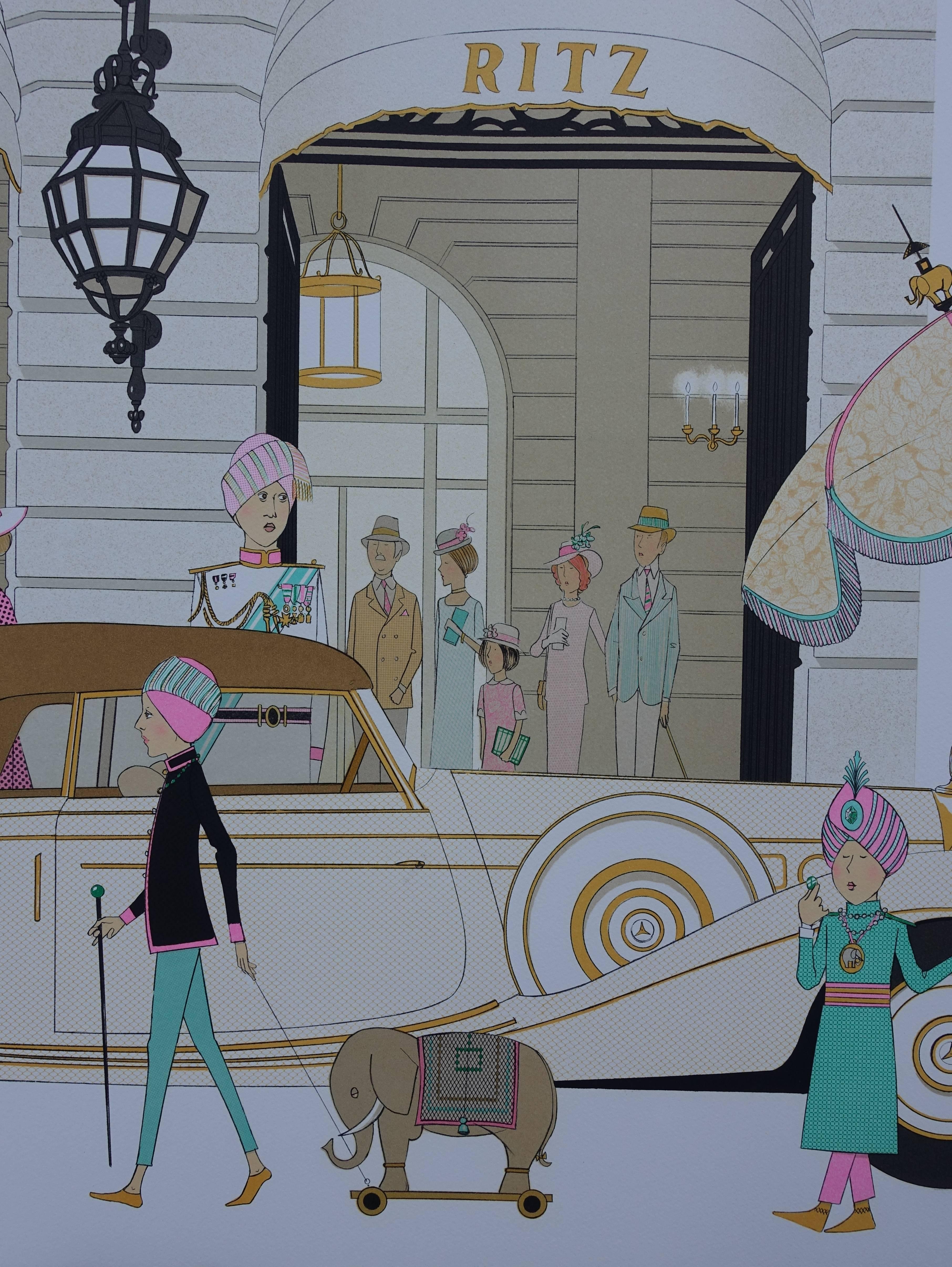 Mercedes Cabriolet 770 and HOTEL RITZ in PARIS - Signed lithograph - 115ex - Art Deco Print by Denis Paul Noyer