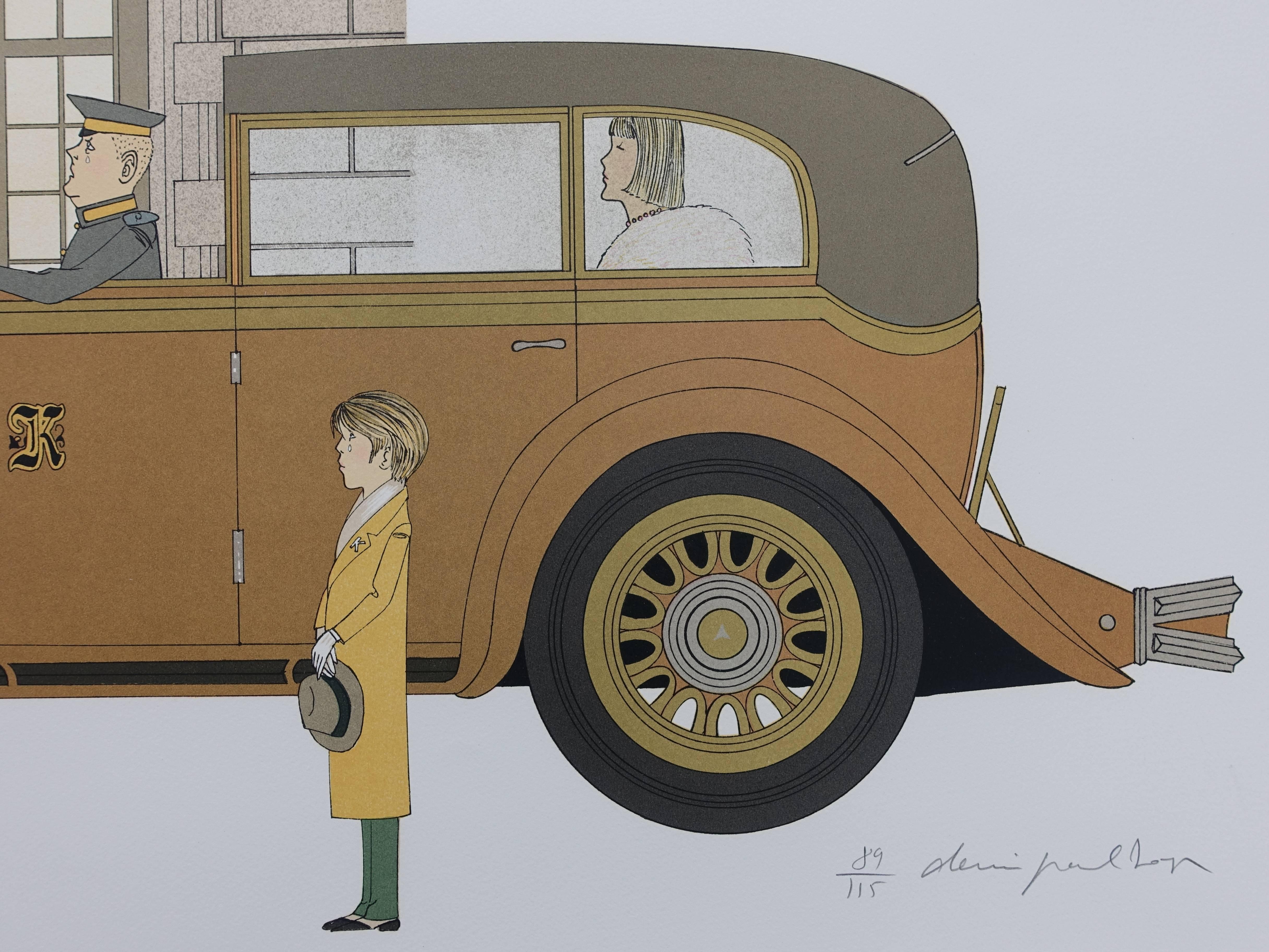 Mercedes Nurburg & Hotel de Crillon (Paris) - Original signed lithograph - 115ex - Print by Denis Paul Noyer