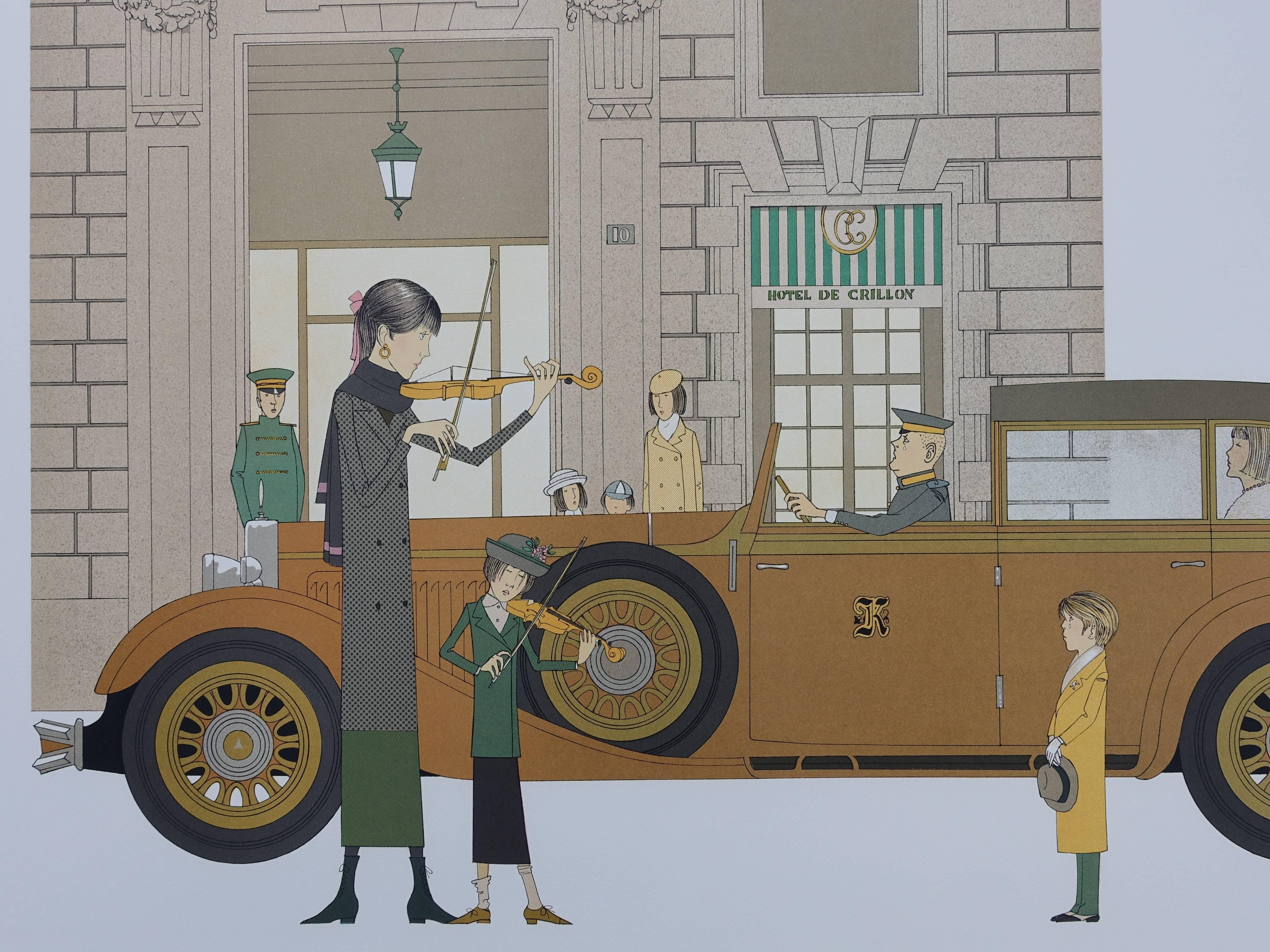 Mercedes Nurburg & Hotel de Crillon (Paris) - Original signed lithograph - 115ex - Modern Print by Denis Paul Noyer
