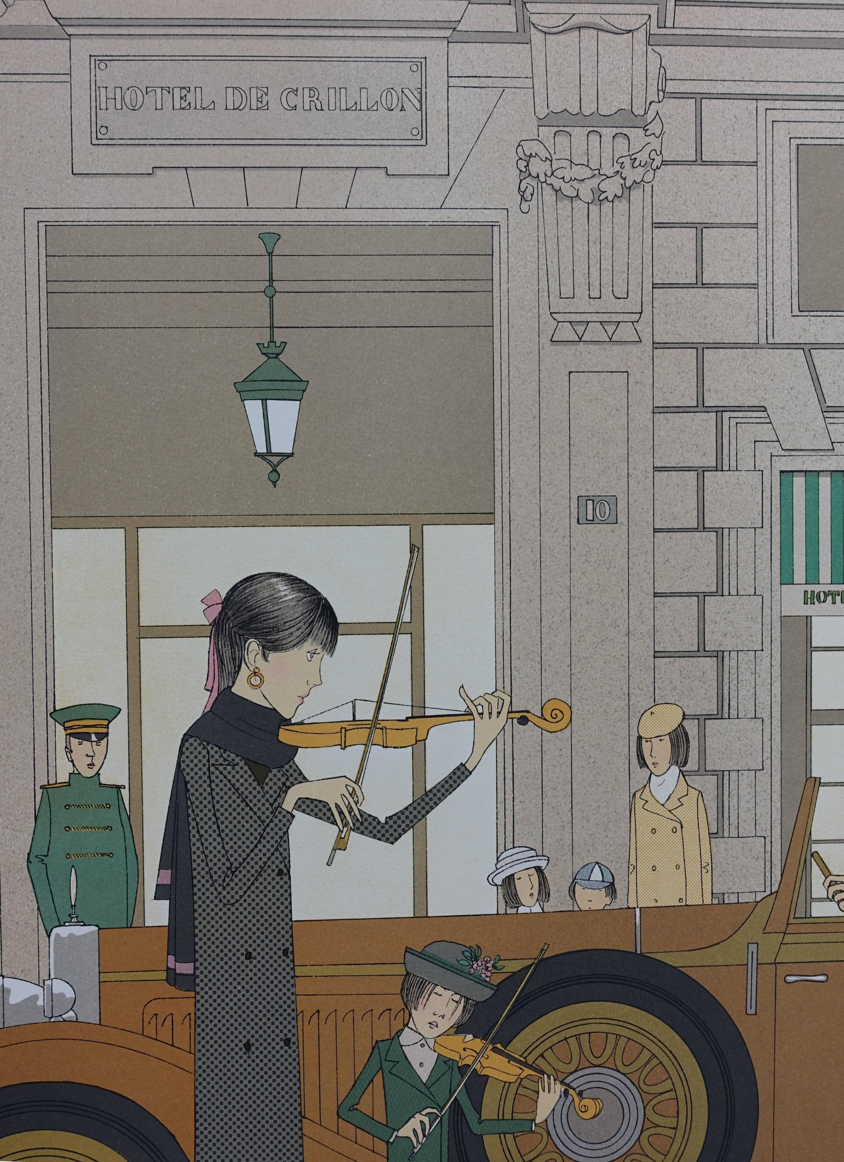 Mercedes Nurburg & Hotel de Crillon (Paris) - Original signed lithograph - 115ex - Gray Figurative Print by Denis Paul Noyer