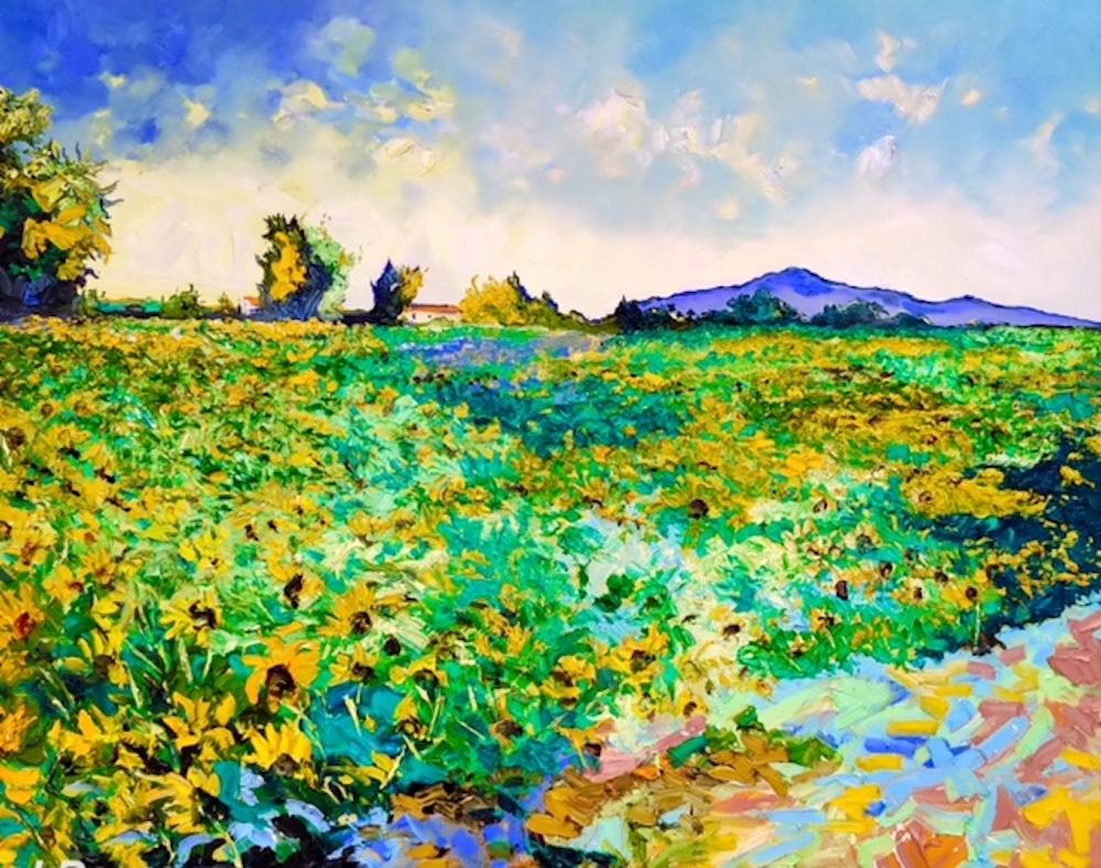 Denis Ribas  Landscape Painting - Ambience of Joy - abstract colourful floral field painting modern contemporary