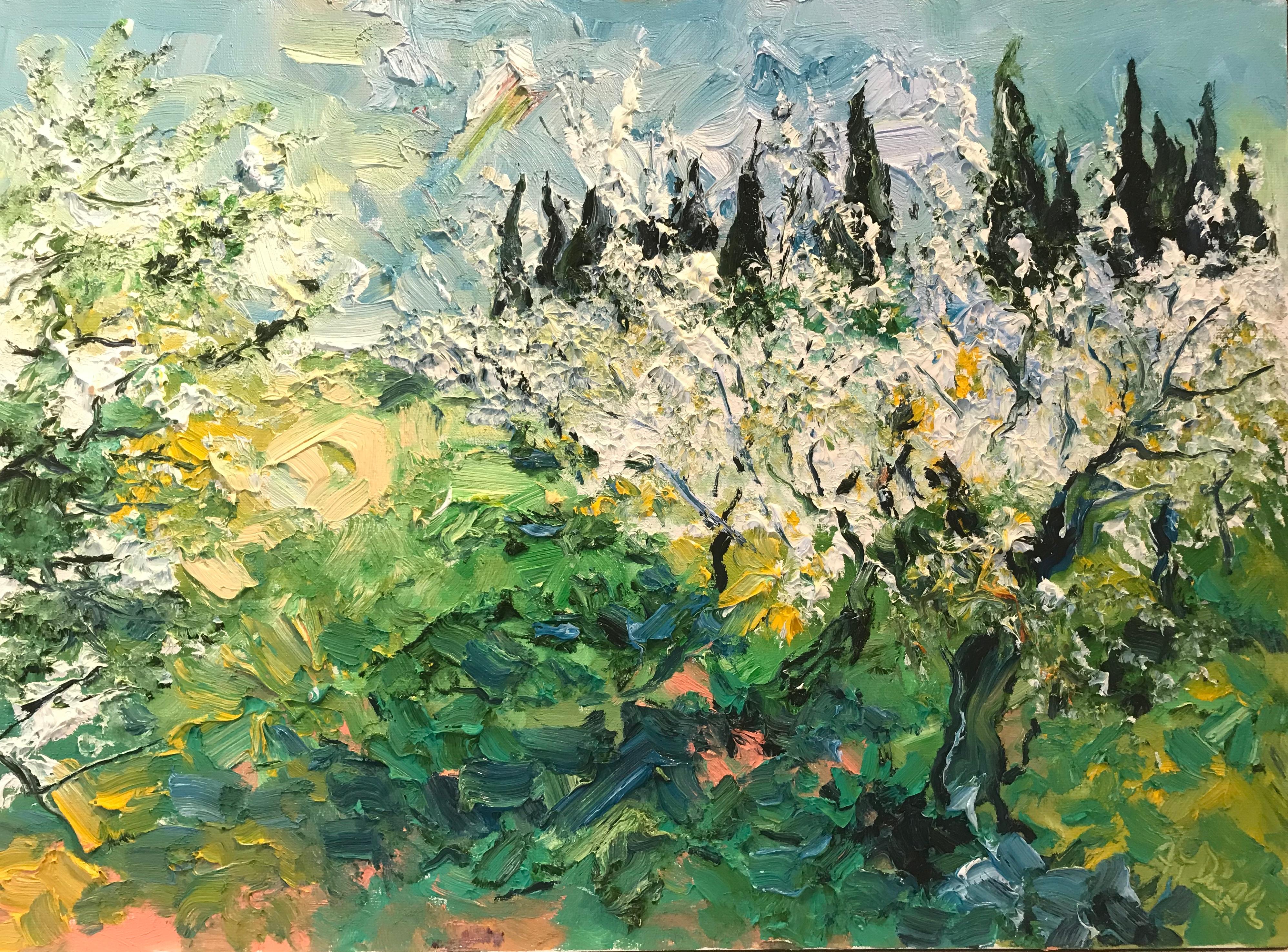 Denis Ribas  Still-Life Painting - Apple Garden in Spring original abstract landscape painting