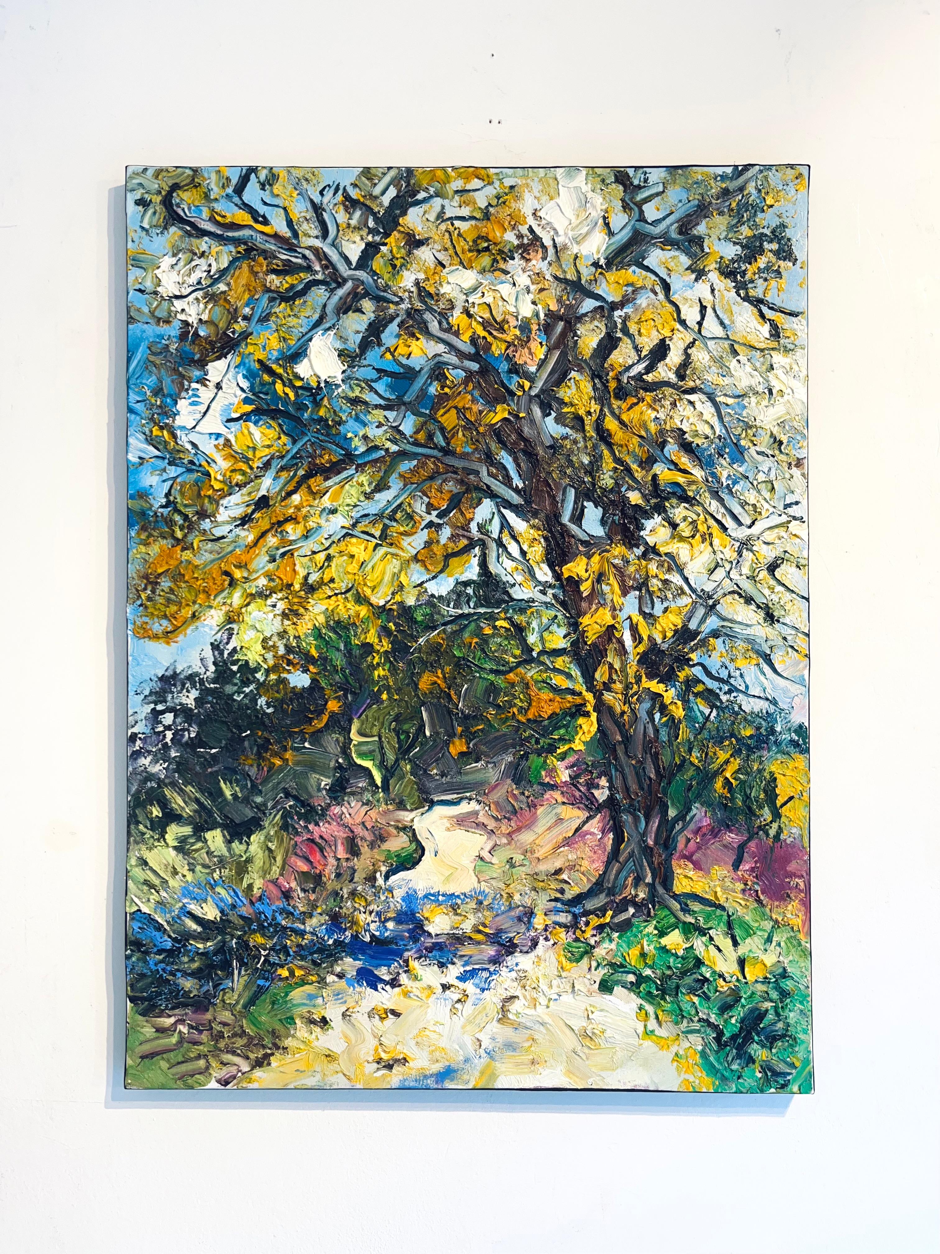 Das abstrakte Landschaftsgemälde von Denis Ribas, das mit dickflüssiger Ölfarbe auf Leinwand gemalt wurde, ist eine fesselnde Darstellung der Herbststimmung. Die warme Farbpalette, die in dem Kunstwerk verwendet wird, erinnert an die satten