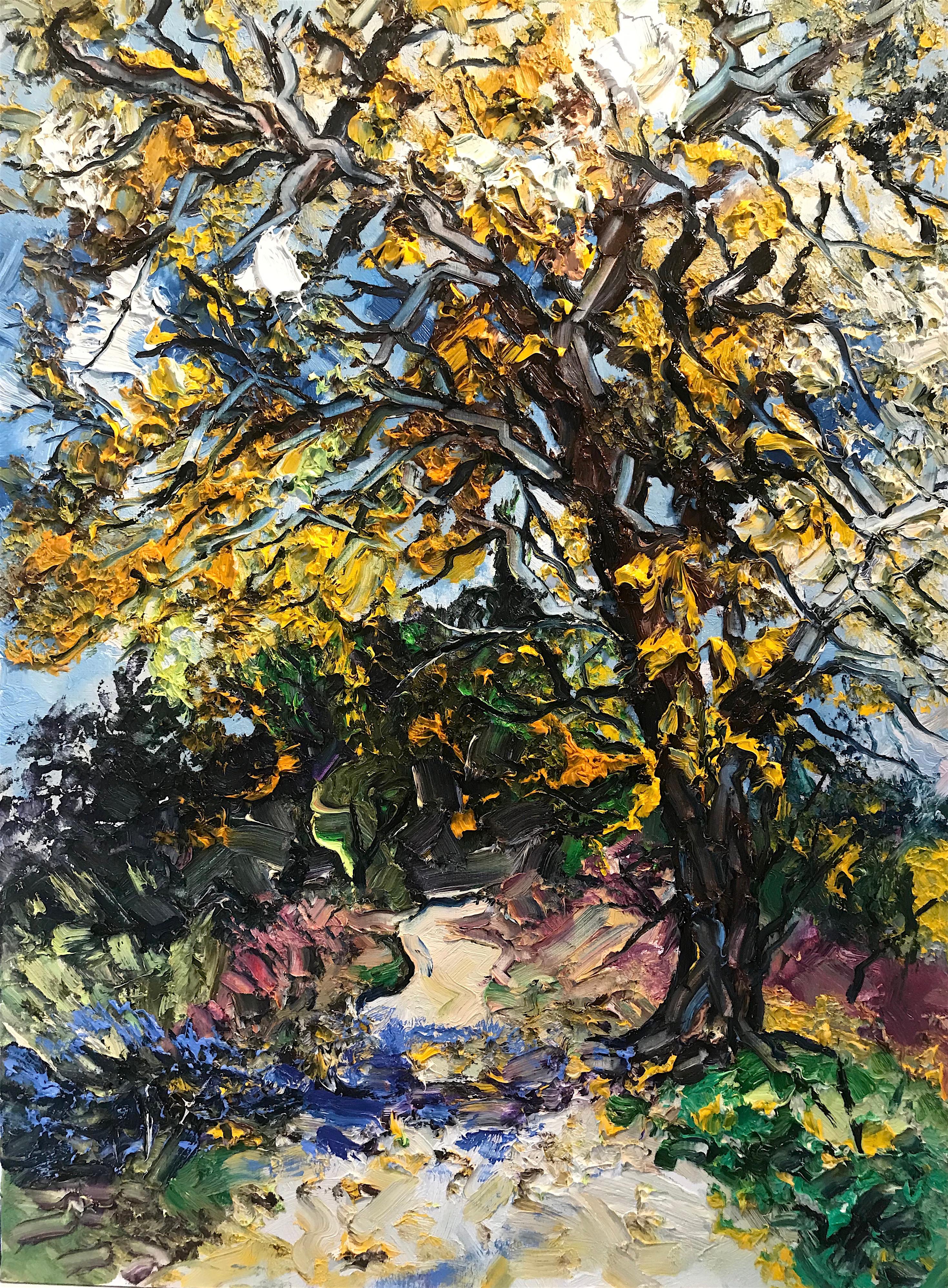 Denis Ribas  Abstract Painting – Herbstbaum- originelle französische Impressionismus-Landschaft  Malerei - Zeitgenössische Kunst