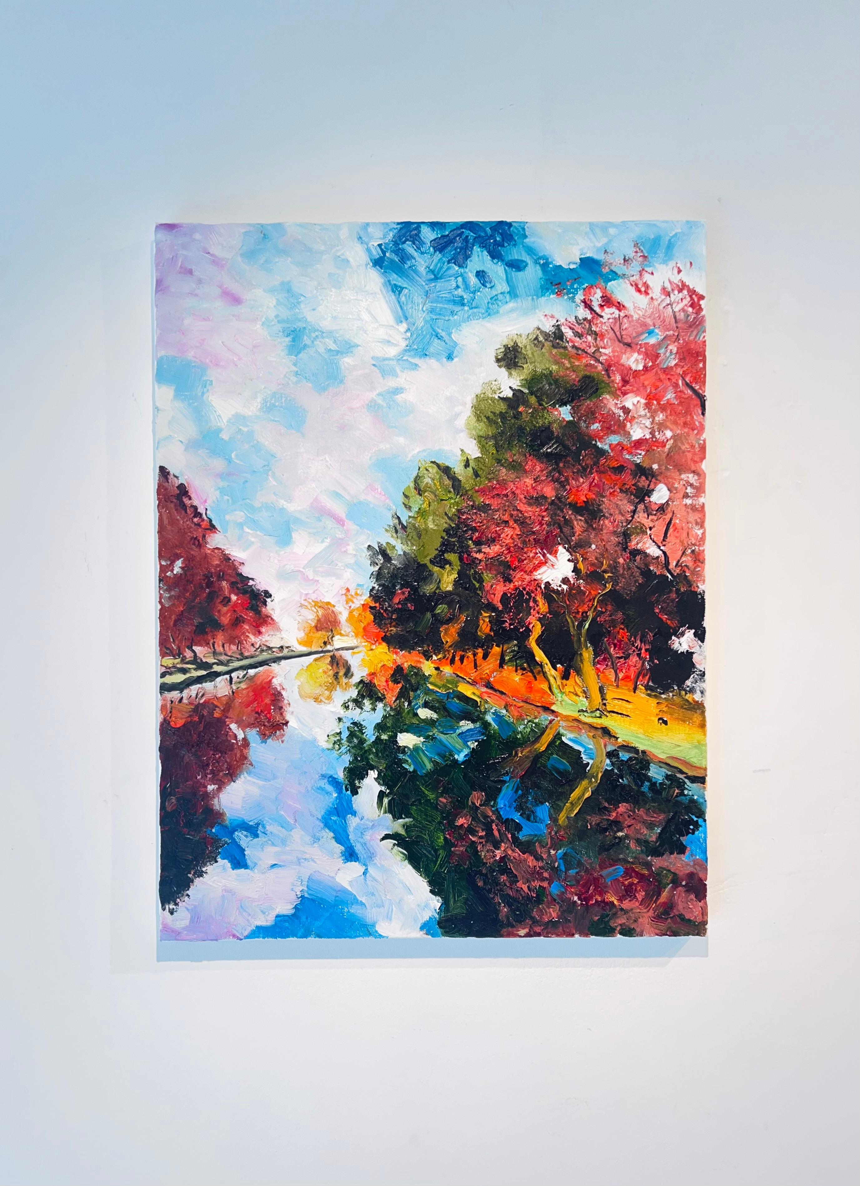 Autumnal River- Original landscape impressionism oil painting - contemporary Art - Painting by Denis Ribas 