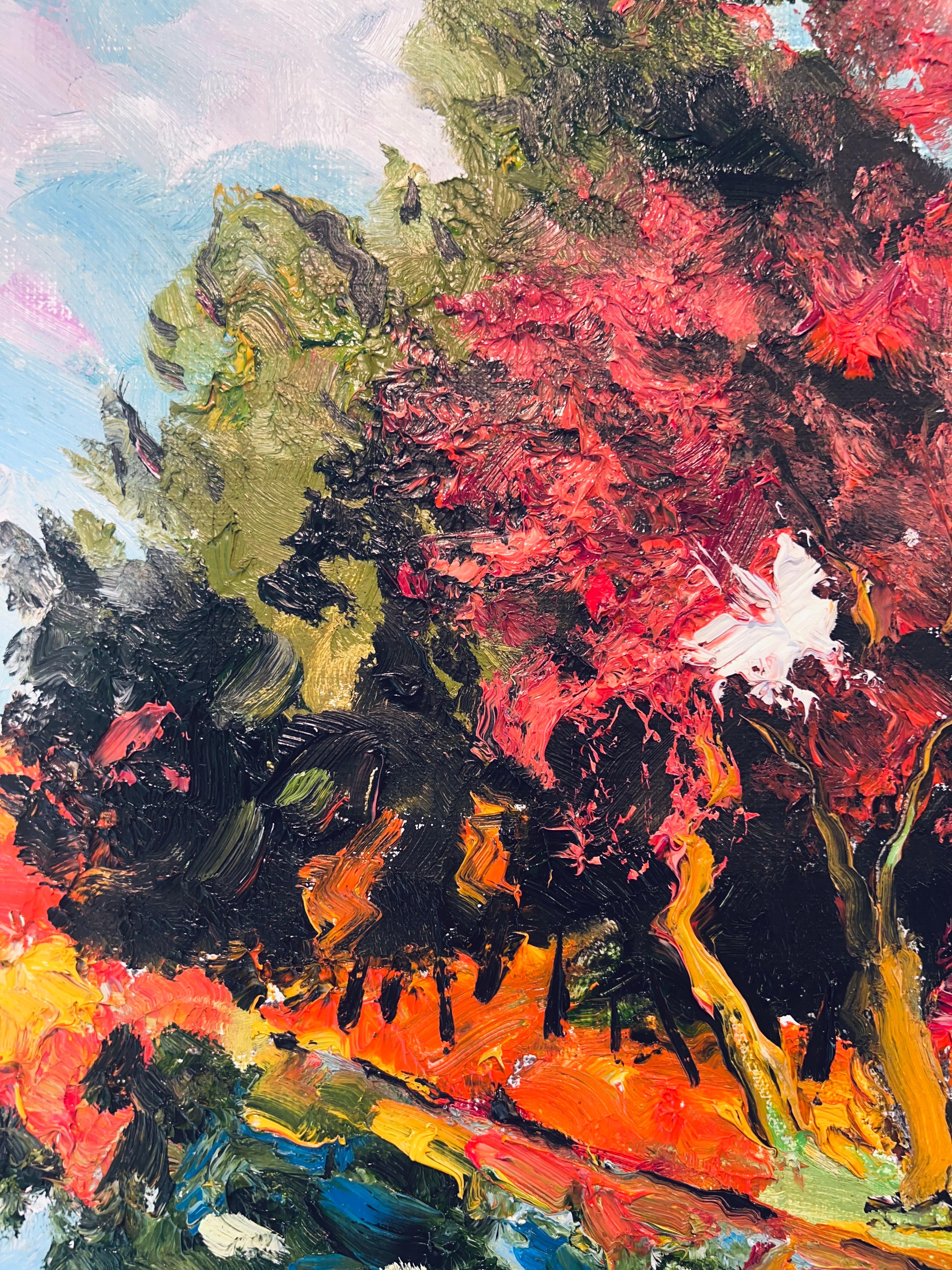 Autumnal River- Original landscape impressionism oil painting - contemporary Art - Gray Landscape Painting by Denis Ribas 