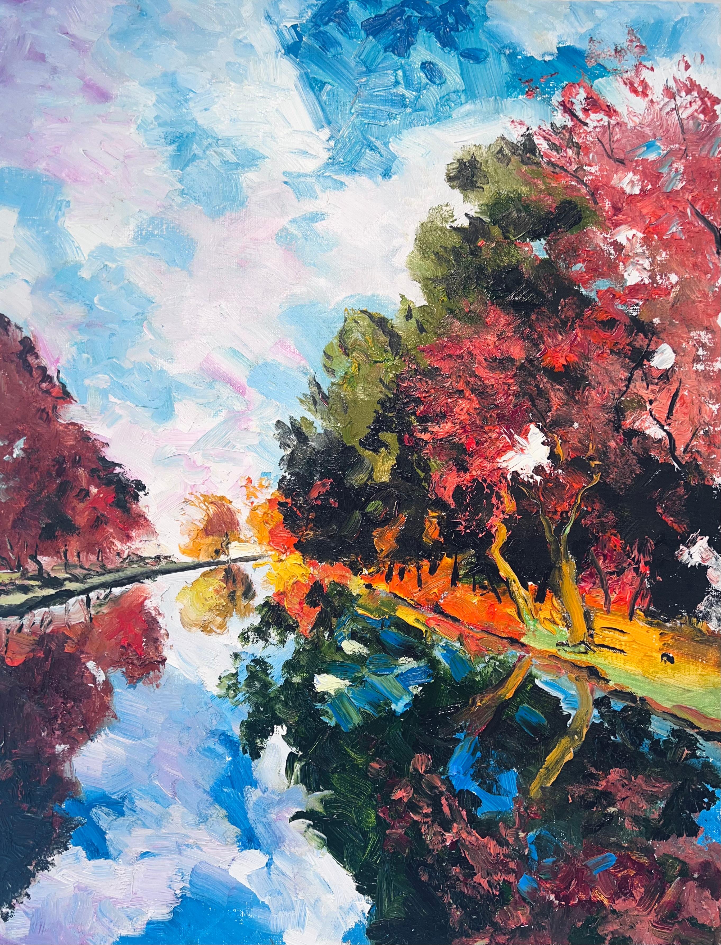 Herbstlicher Fluss- Original Landschaft Impressionismus Ölgemälde - Contemporary Art