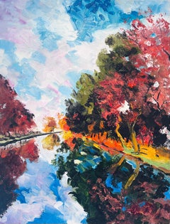 Río otoñal- Paisaje original impresionismo pintura al óleo - Arte contemporáneo