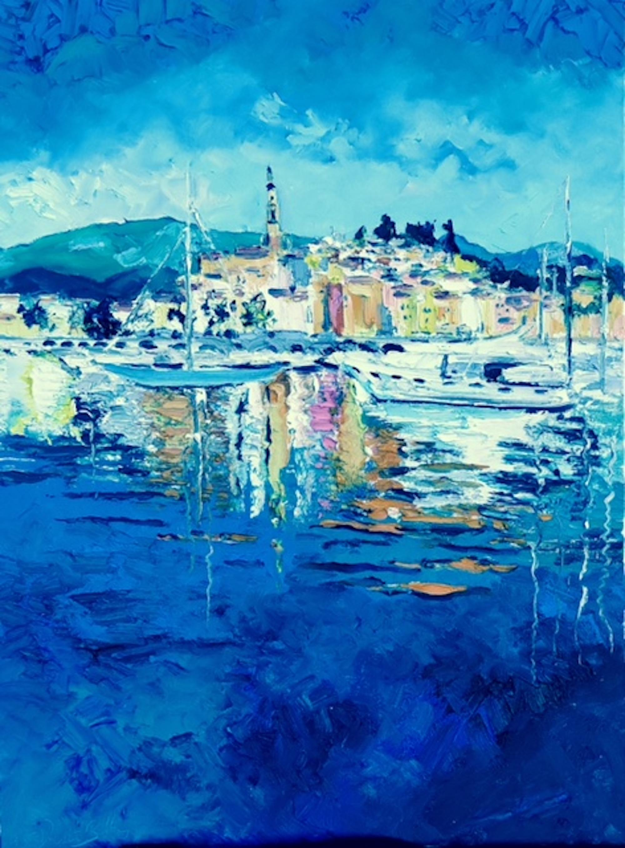 Denis Ribas  Landscape Painting - Blue Waters - original landscape countryside harbour oil artwork contemporary
