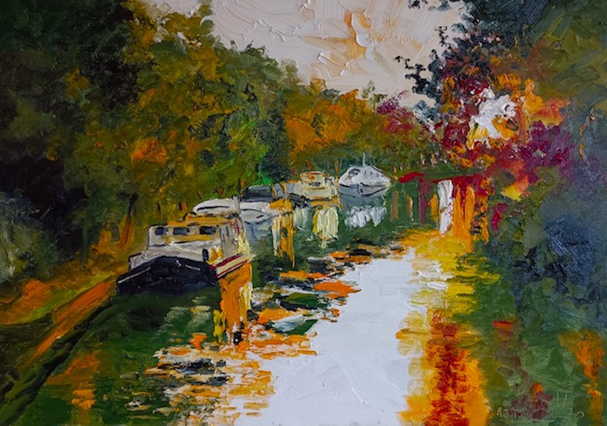 Canal in Summer- impasto landscape abstract painting seascape modern artwork  