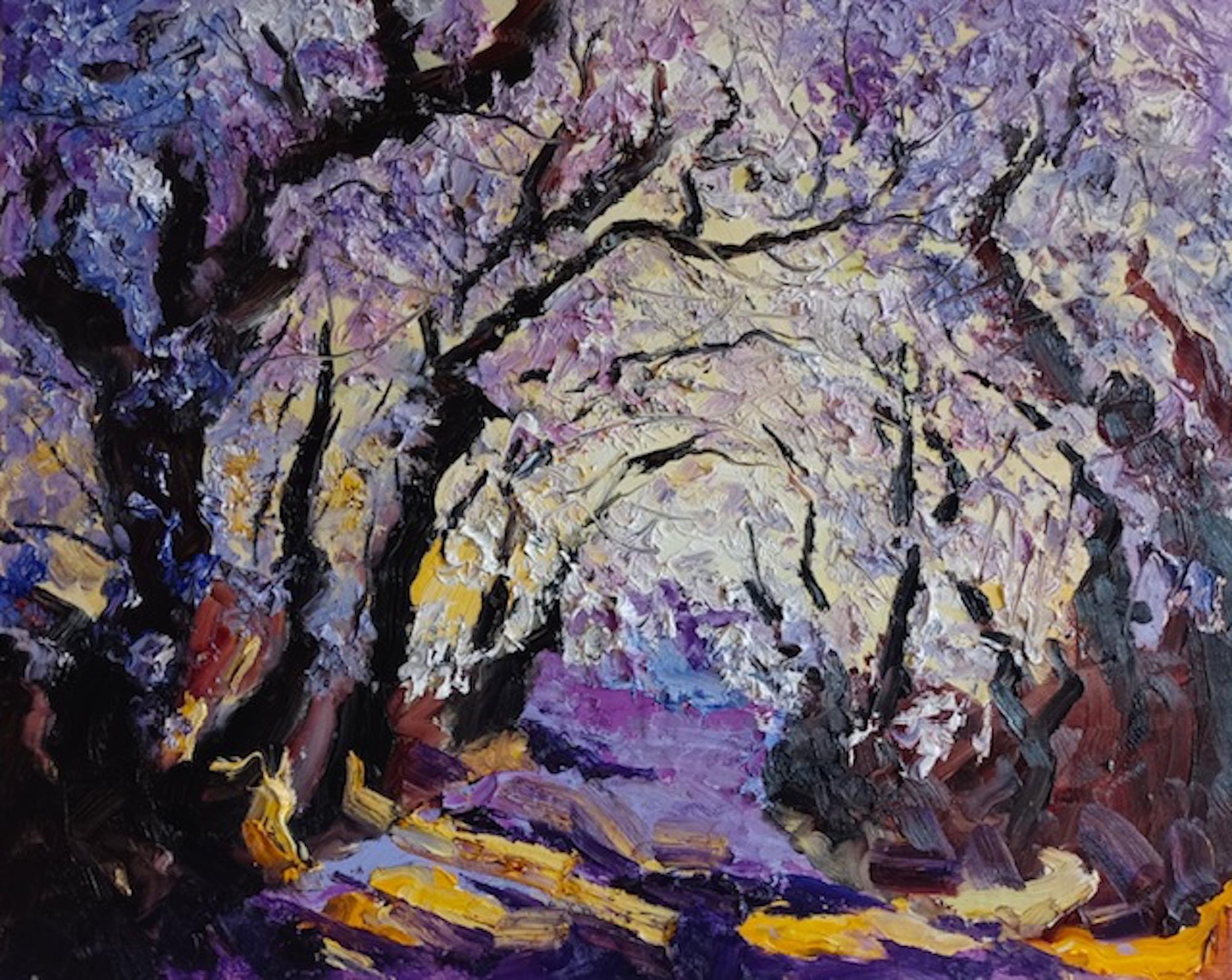 Denis Ribas  Landscape Painting - Cherry Trees in Flowers - original impasto artwork seasonal oil painting modern