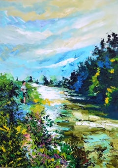 Fishing in Summer - Impressionist landscape oil painting contemporary artwork