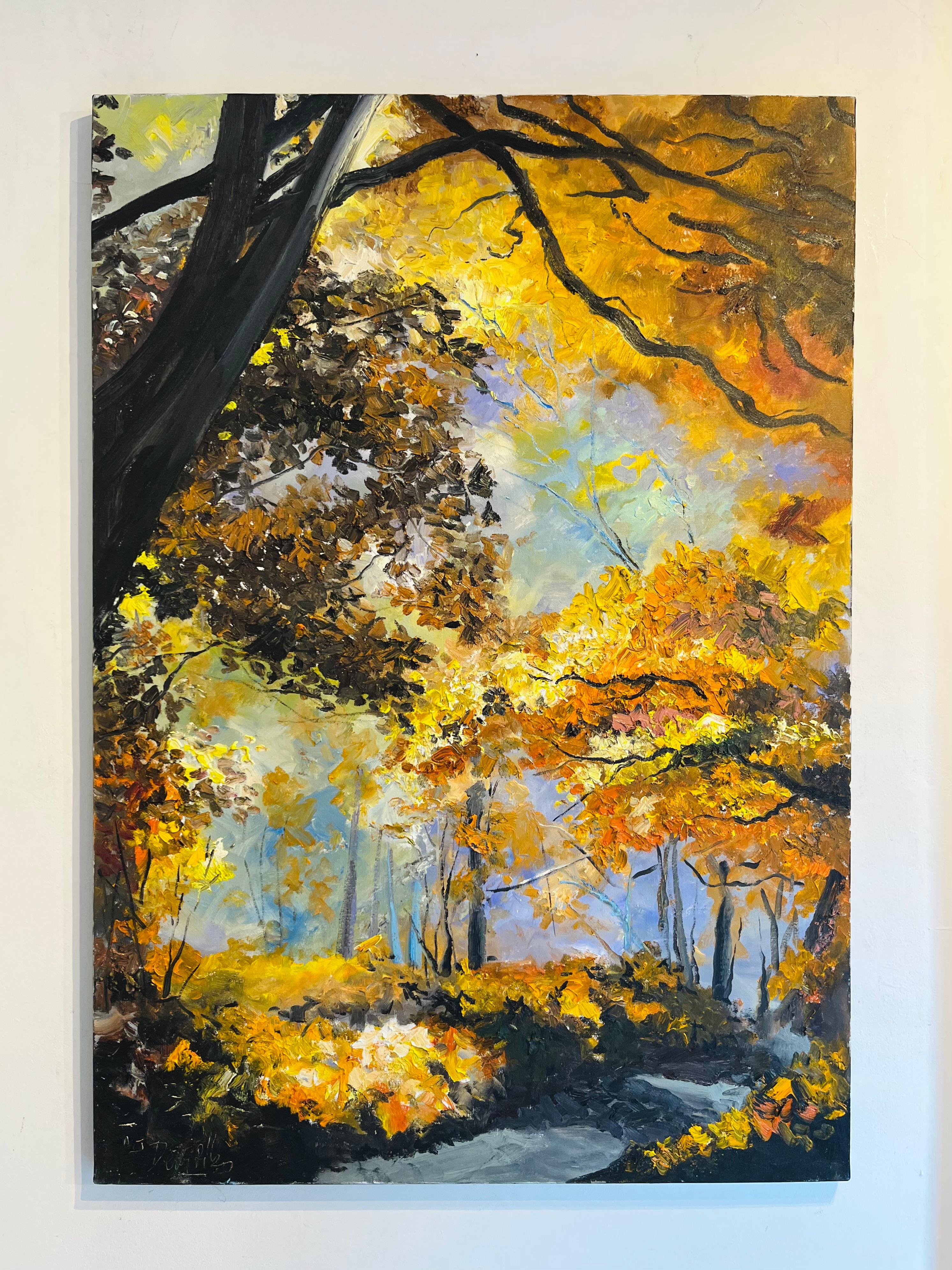 Forest-original abstract forest French impressionism landscape oil painting- art - Painting by Denis Ribas 