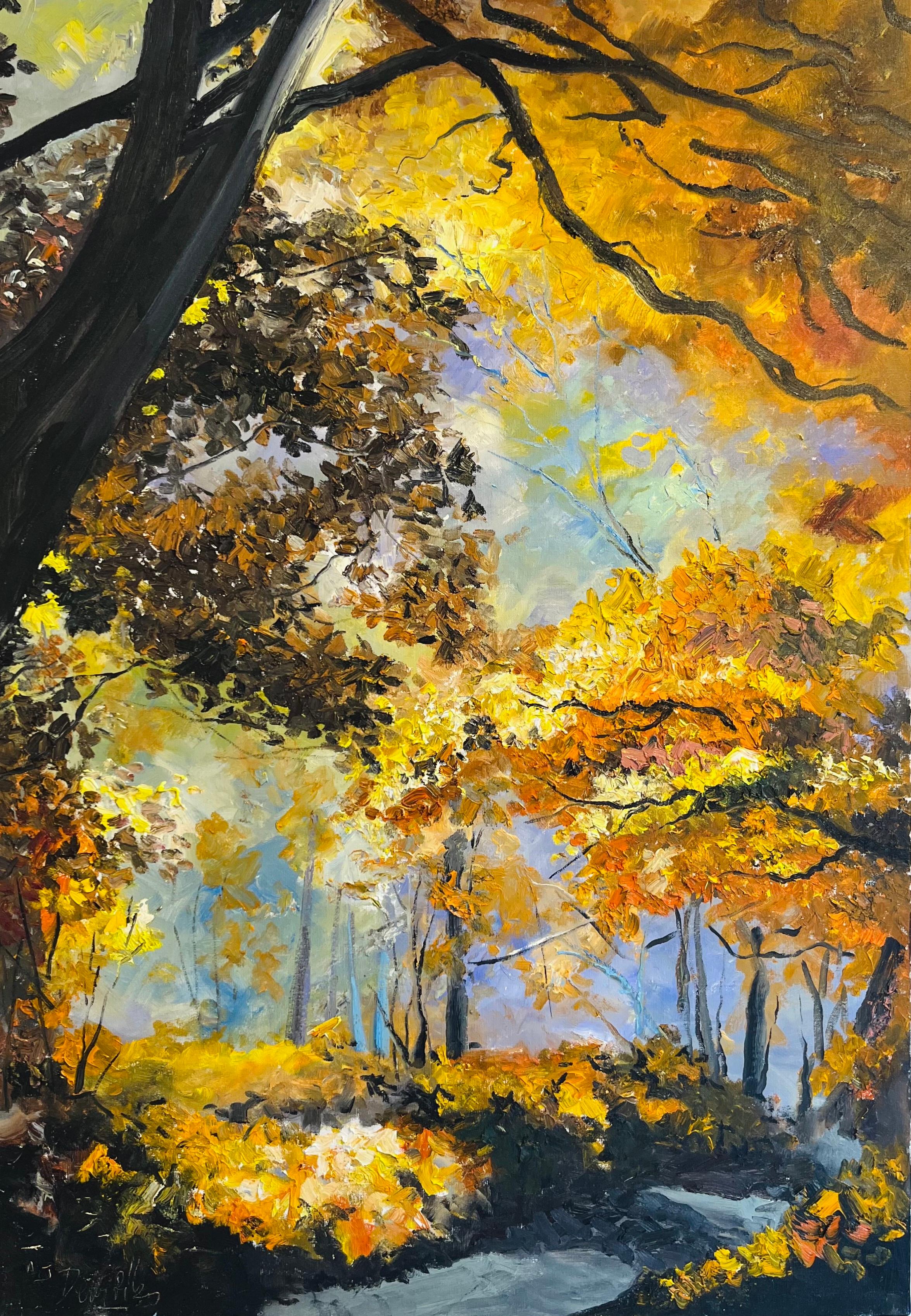 Forest-original abstract impressionism forest French landscape oil painting- art - Abstract Impressionist Painting by Denis Ribas 
