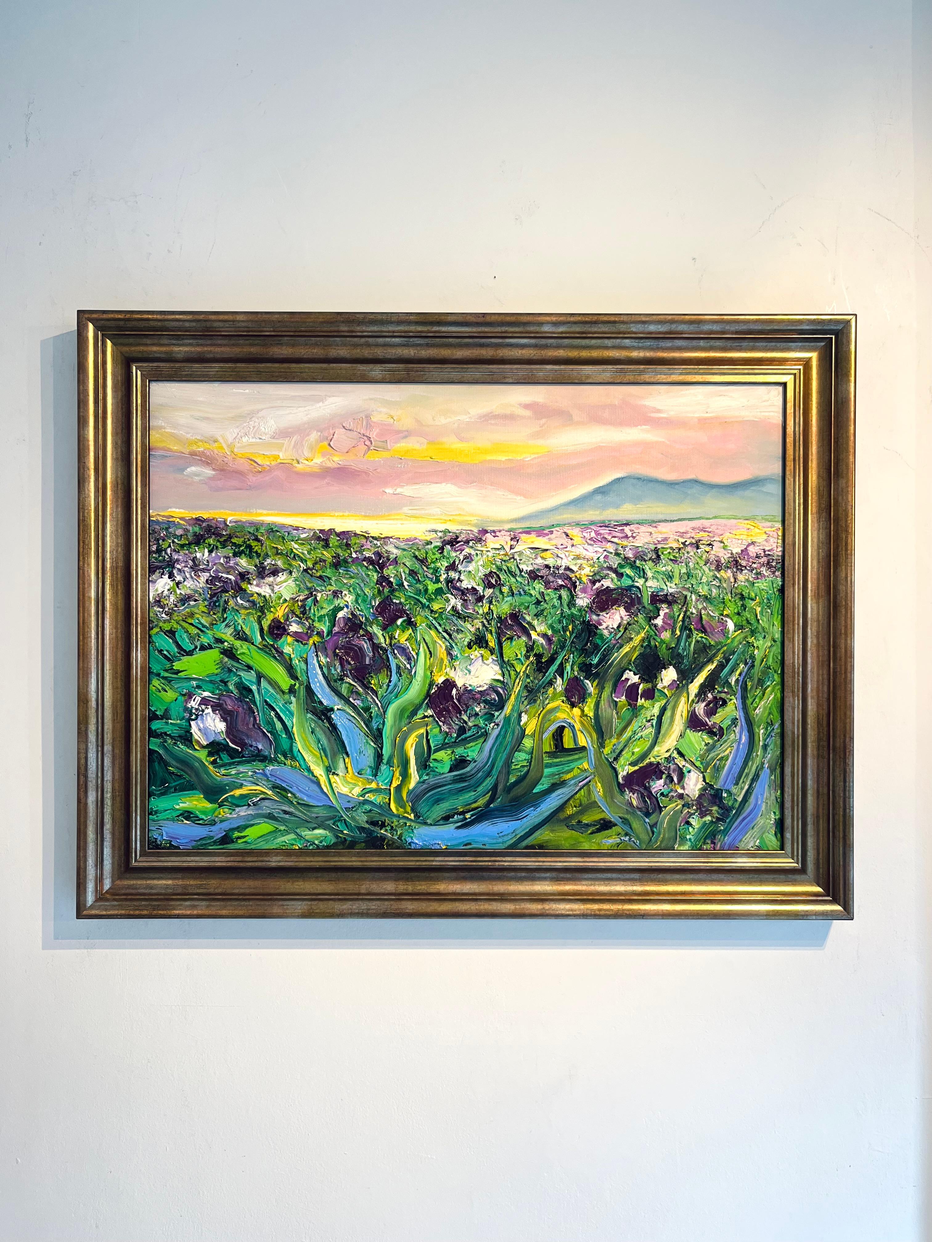 Campo de Iris-Pintura al óleo original impresionista de paisaje floral-Arte contemporáneo - Painting de Denis Ribas 