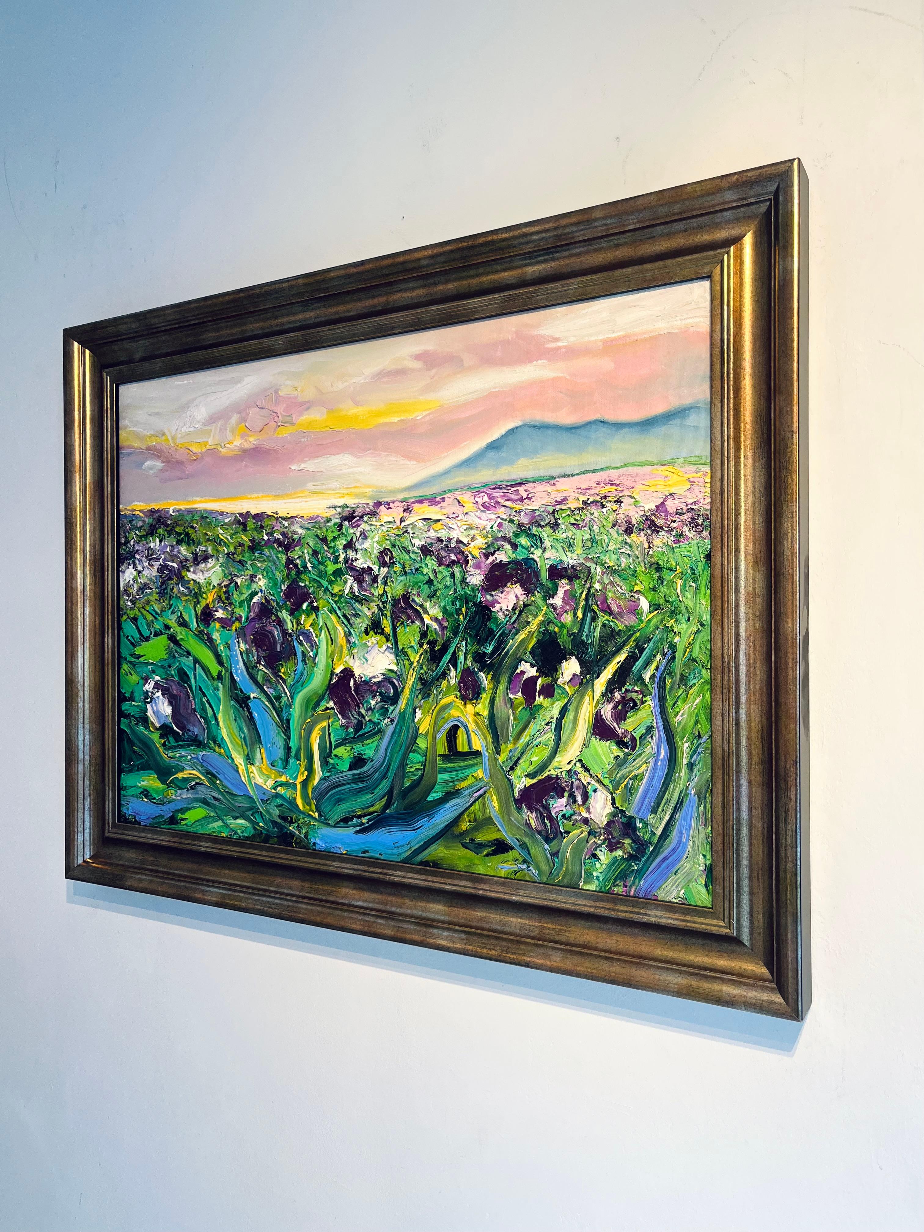 Champ d'iris - Peinture à l'huile originale impressionniste paysage floral - Art contemporain - Impressionnisme abstrait Painting par Denis Ribas 