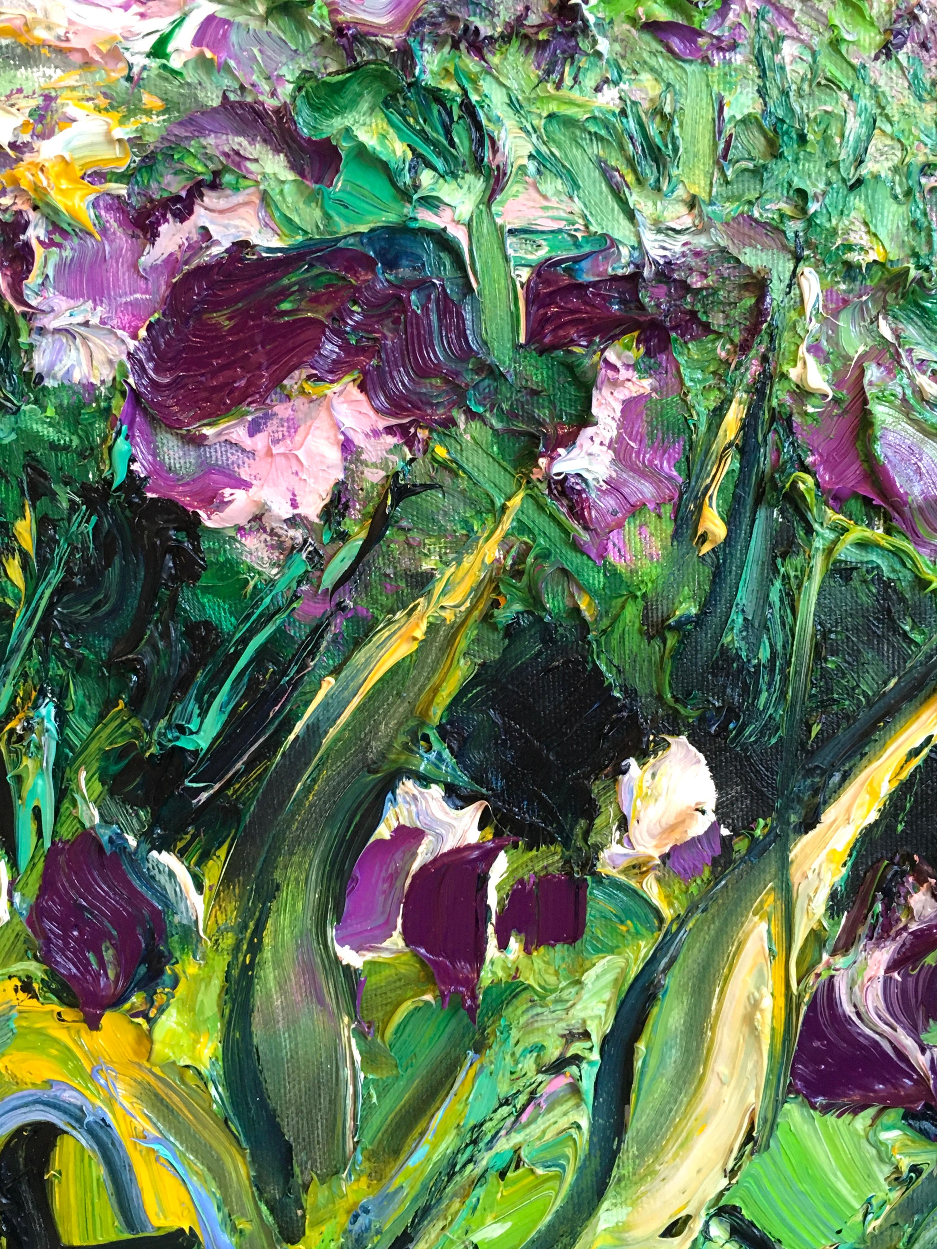 Champ d'iris - Peinture à l'huile originale impressionniste paysage floral - Art contemporain - Gris Landscape Painting par Denis Ribas 