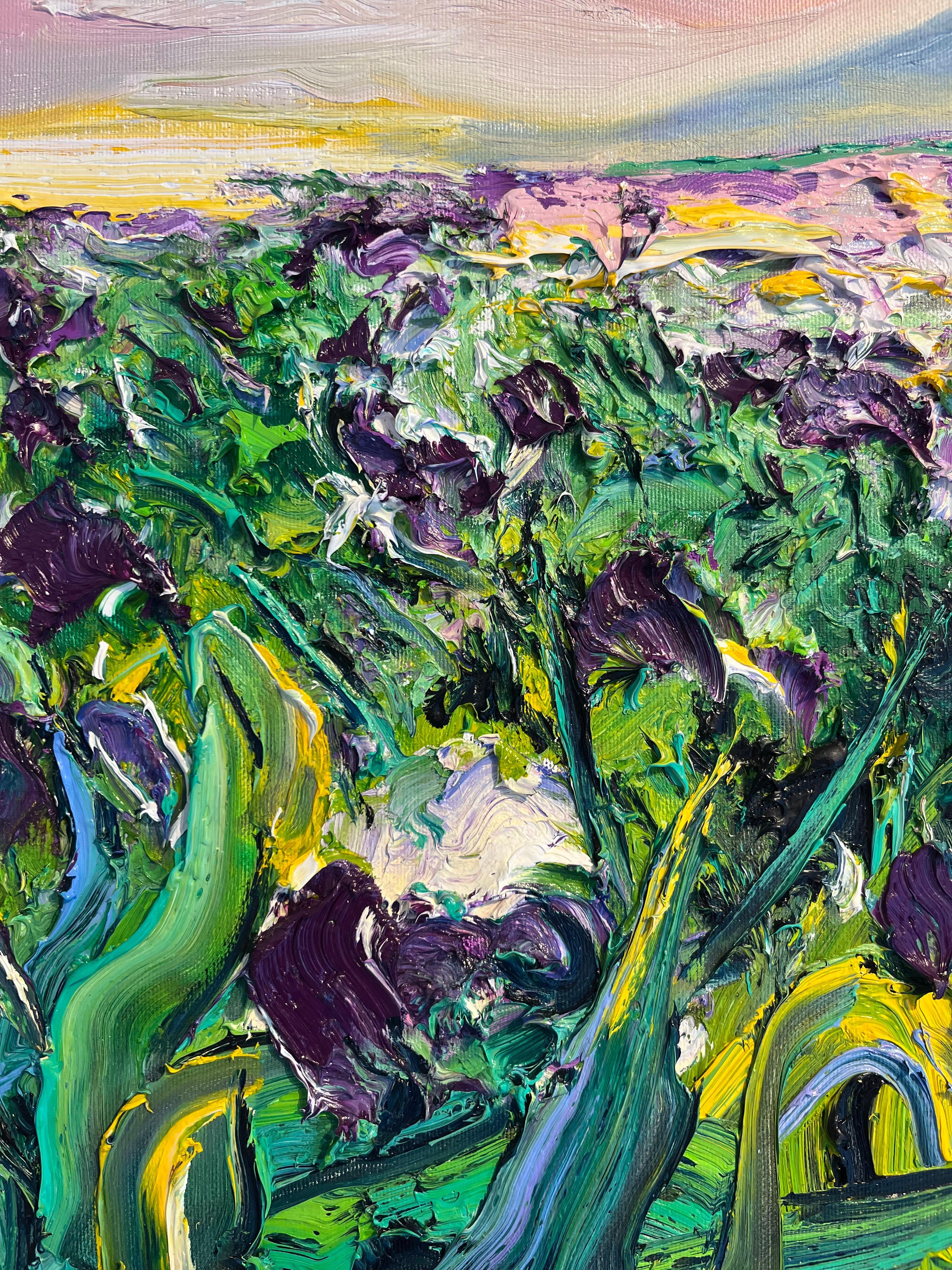 Champ d'iris - Peinture à l'huile originale impressionniste paysage floral - Art contemporain en vente 2
