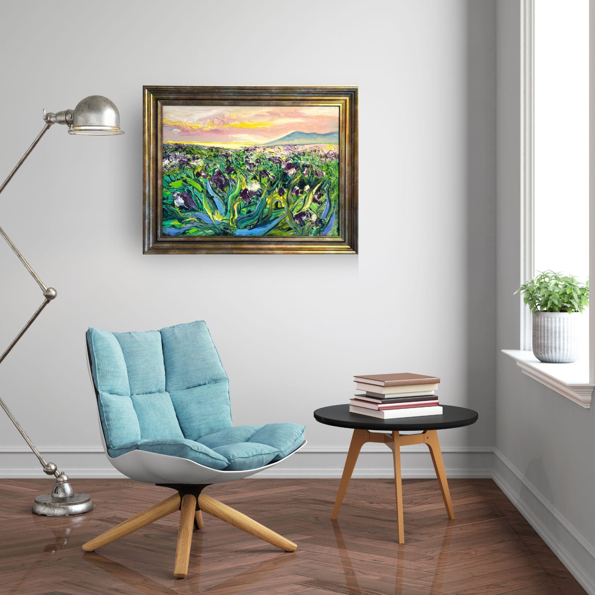Champ d'iris - Peinture à l'huile originale impressionniste paysage floral - Art contemporain en vente 3