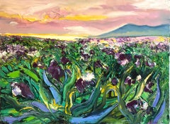 Champ d'iris - Peinture à l'huile originale impressionniste paysage floral - Art contemporain