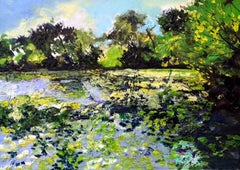 Lake with Purple Flowers - Impressionist abstract landscape nature floral oil