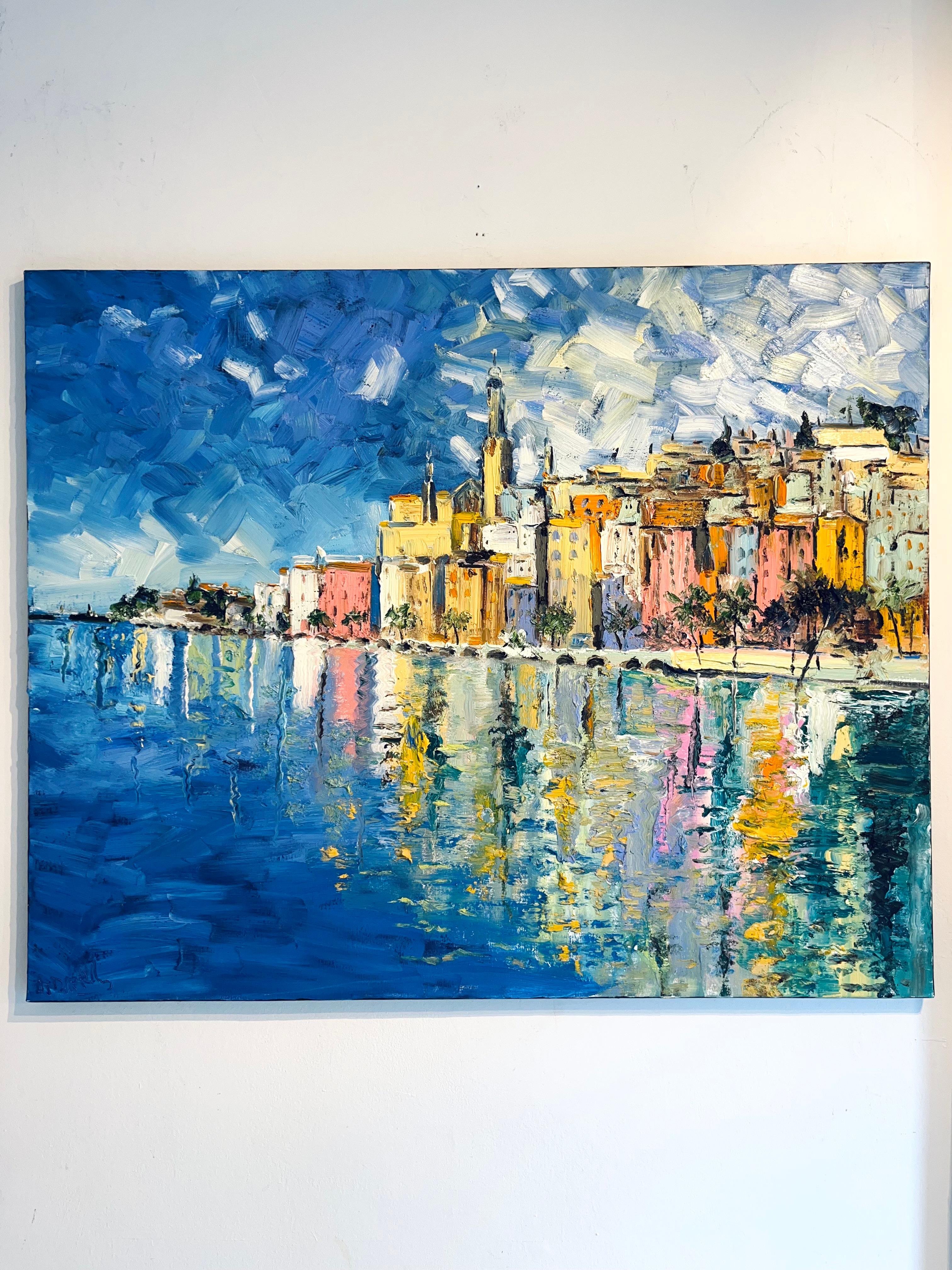 Menton-impresionismo original  Paisaje urbano francés al óleo-Arte contemporáneo - Painting de Denis Ribas 