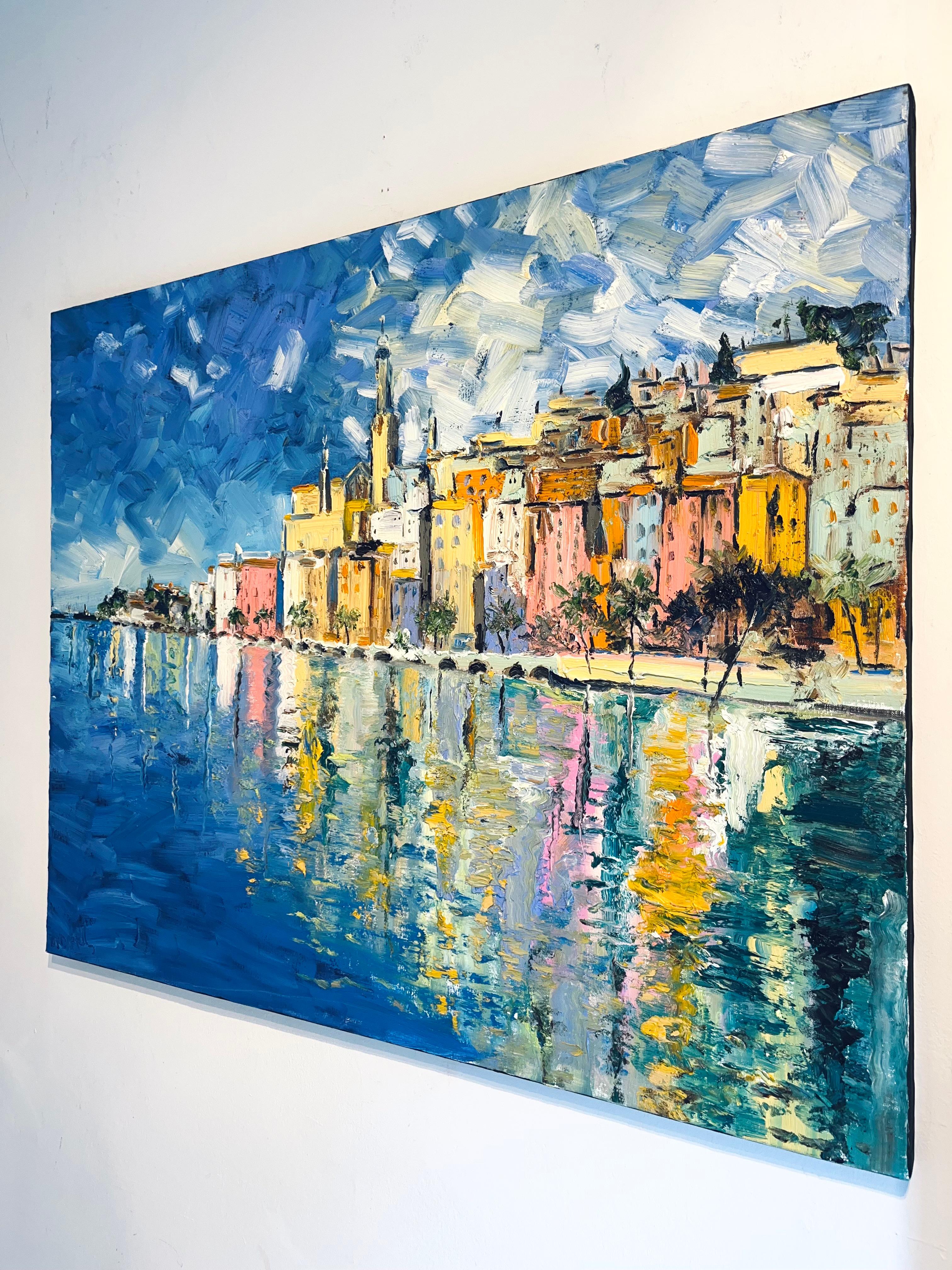 Menton-impresionismo original  Paisaje urbano francés al óleo-Arte contemporáneo - Painting Impresionista abstracto de Denis Ribas 