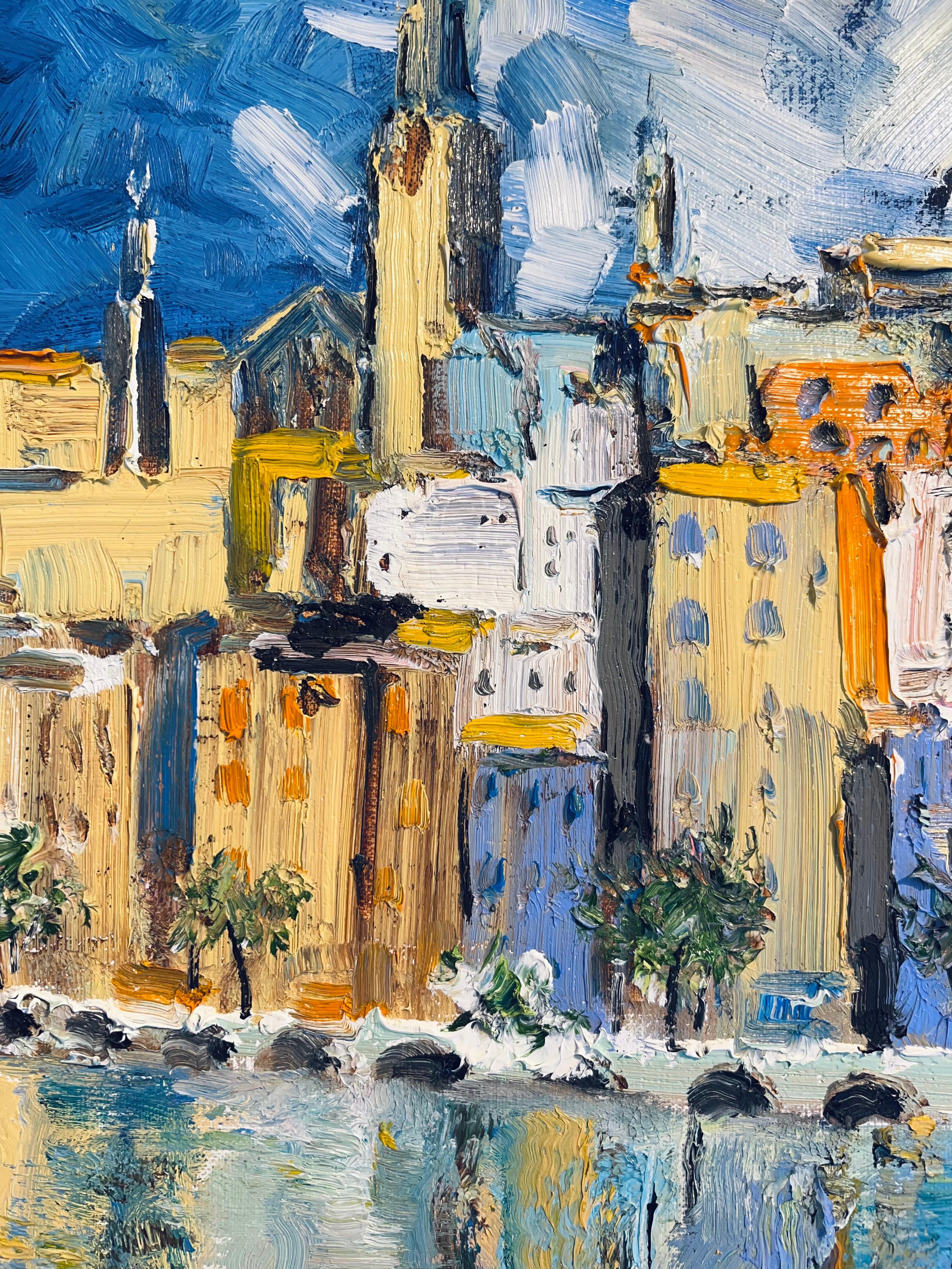 Menton-impresionismo original  Paisaje urbano francés al óleo-Arte contemporáneo - Landscape Painting Azul de Denis Ribas 