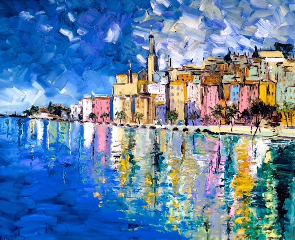 Landscape Painting de Denis Ribas  - Menton-impresionismo original  Paisaje urbano francés al óleo-Arte contemporáneo